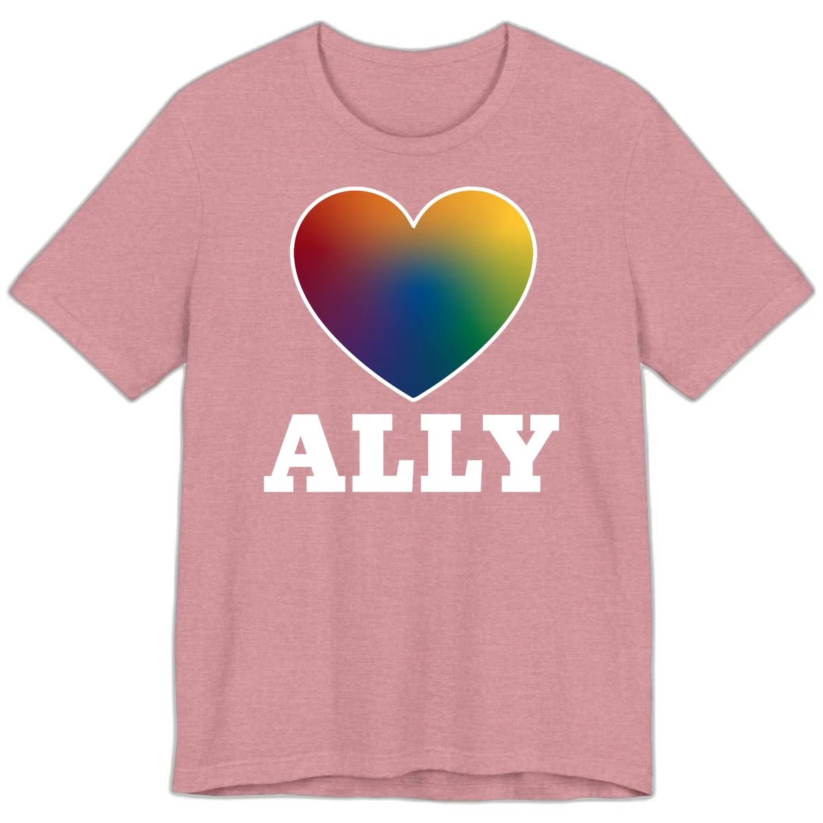 Ally rainbow heart pride design featuring a gradient heart transitioning through rainbow colors with white border and ALLY text in Heather Orchid