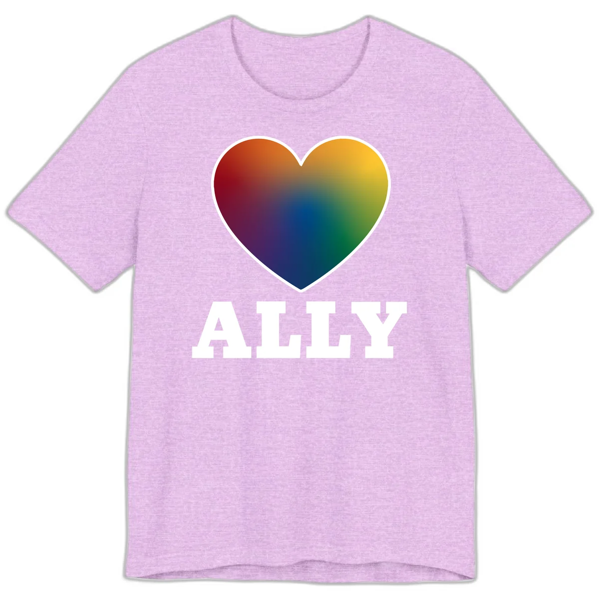 Ally rainbow heart pride design featuring a gradient heart transitioning through rainbow colors with white border and ALLY text in Heather Prism Lilac