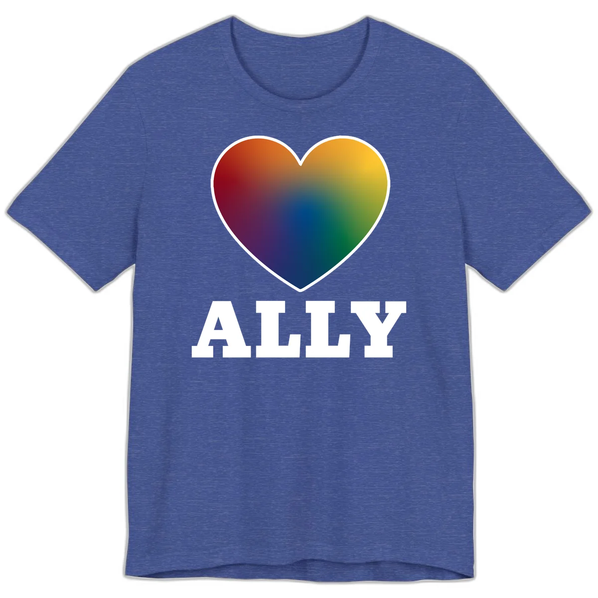 Ally rainbow heart pride design featuring a gradient heart transitioning through rainbow colors with white border and ALLY text in Heather True Royal