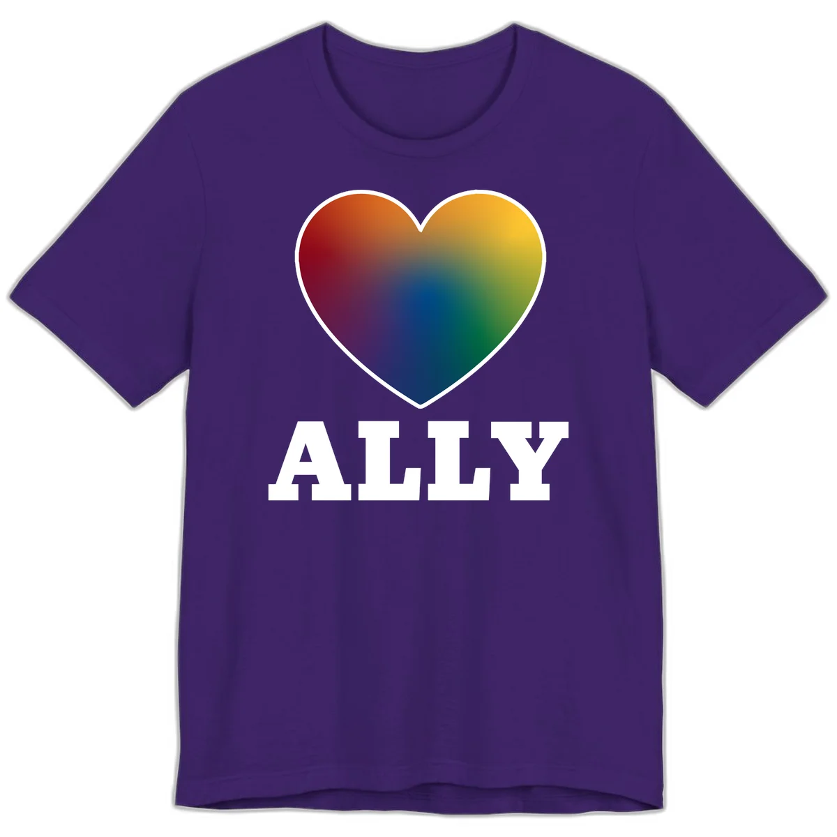 Ally rainbow heart pride design featuring a gradient heart transitioning through rainbow colors with white border and ALLY text in Team Purple