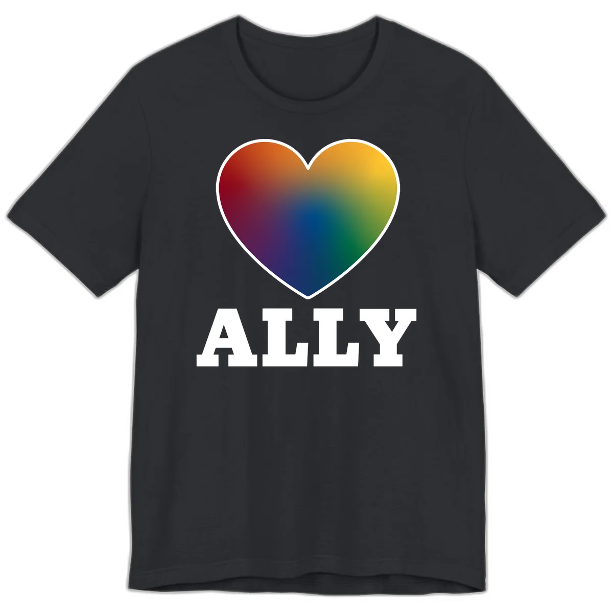 Ally rainbow heart pride design featuring a gradient heart transitioning through rainbow colors with white border and ALLY text in Vintage Black