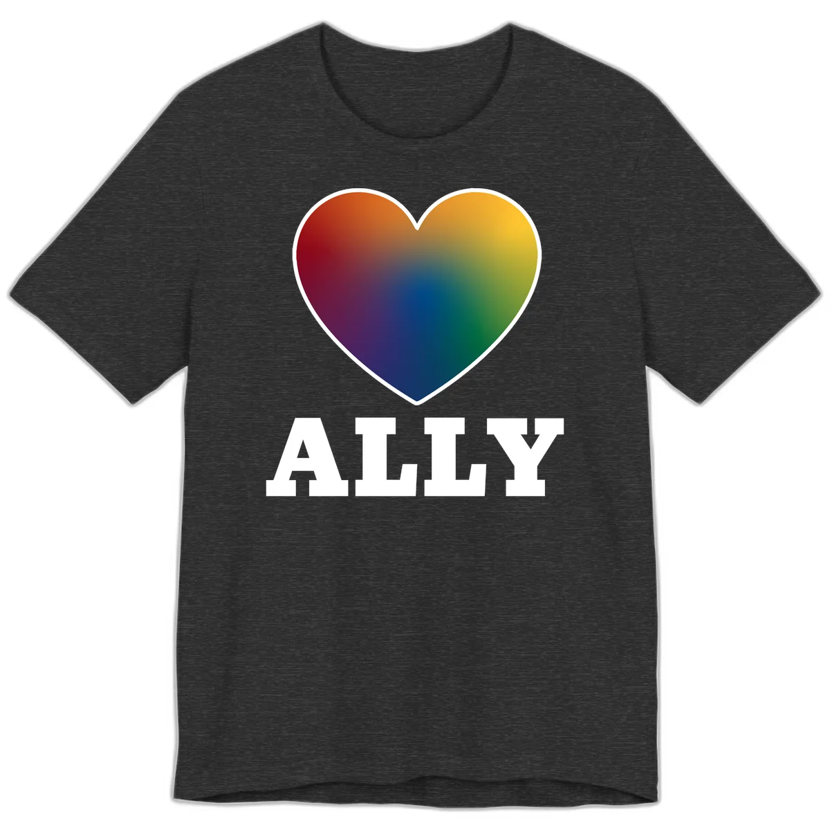 Ally rainbow heart pride design featuring a gradient heart transitioning through rainbow colors with white border and ALLY text in Dark Grey Heather