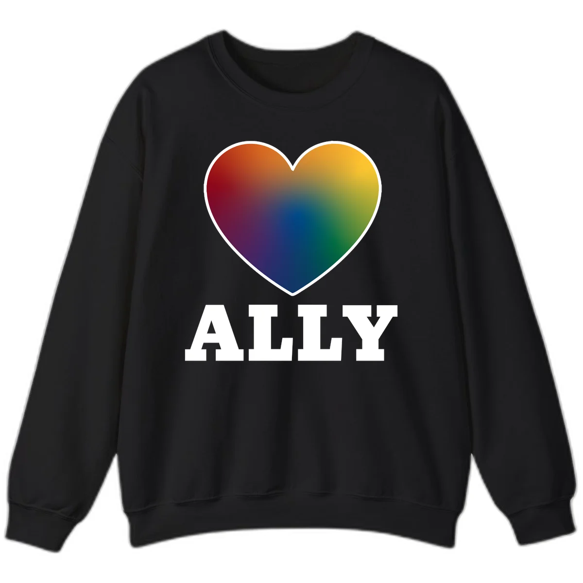 Ally rainbow heart pride design featuring a gradient heart transitioning through rainbow colors with white border and ALLY text in Black