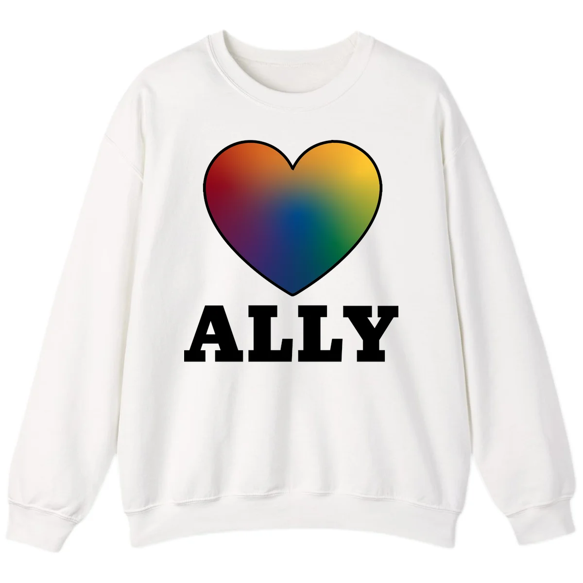 Ally rainbow heart pride design featuring a gradient heart transitioning through rainbow colors with white border and ALLY text in White