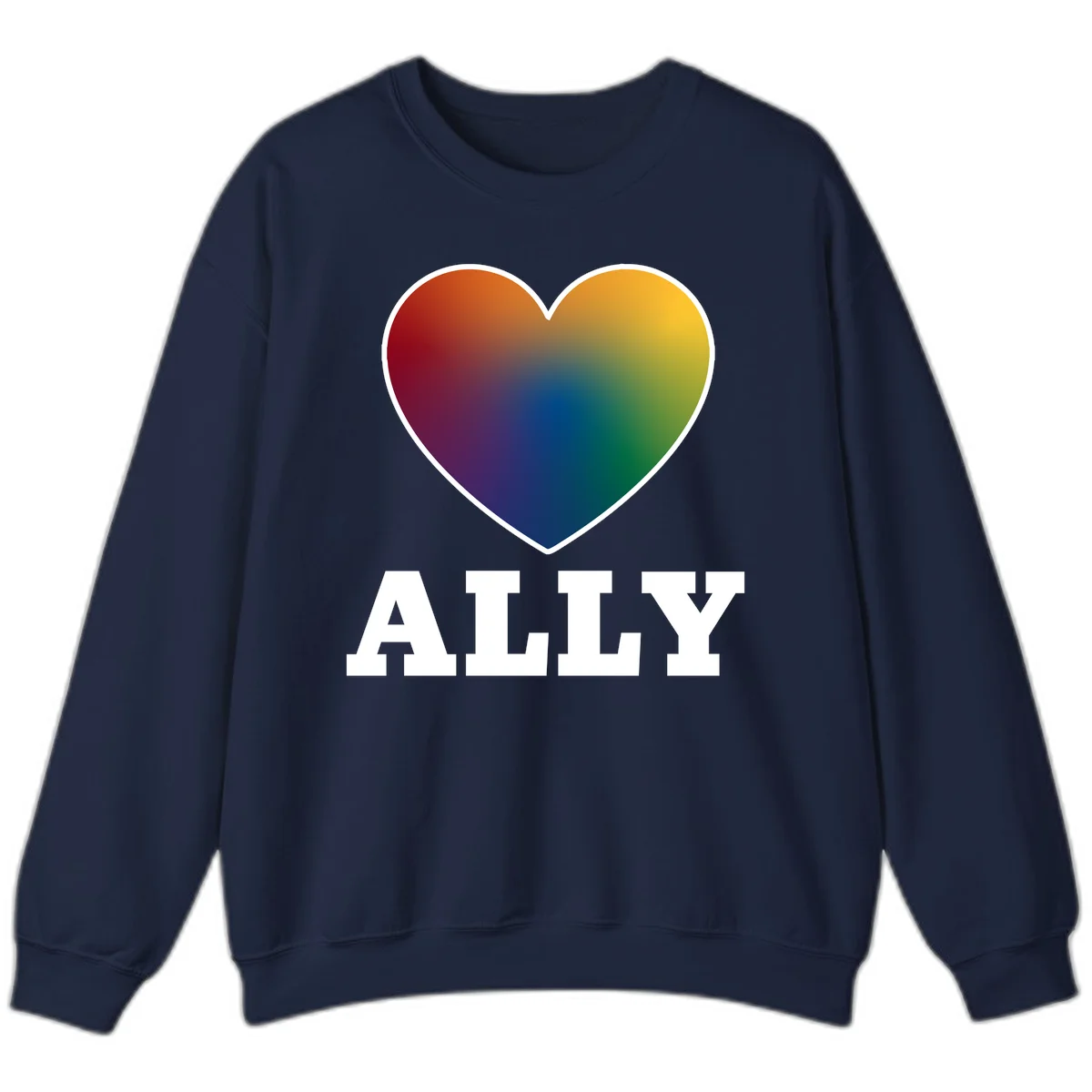 Ally rainbow heart pride design featuring a gradient heart transitioning through rainbow colors with white border and ALLY text in Navy