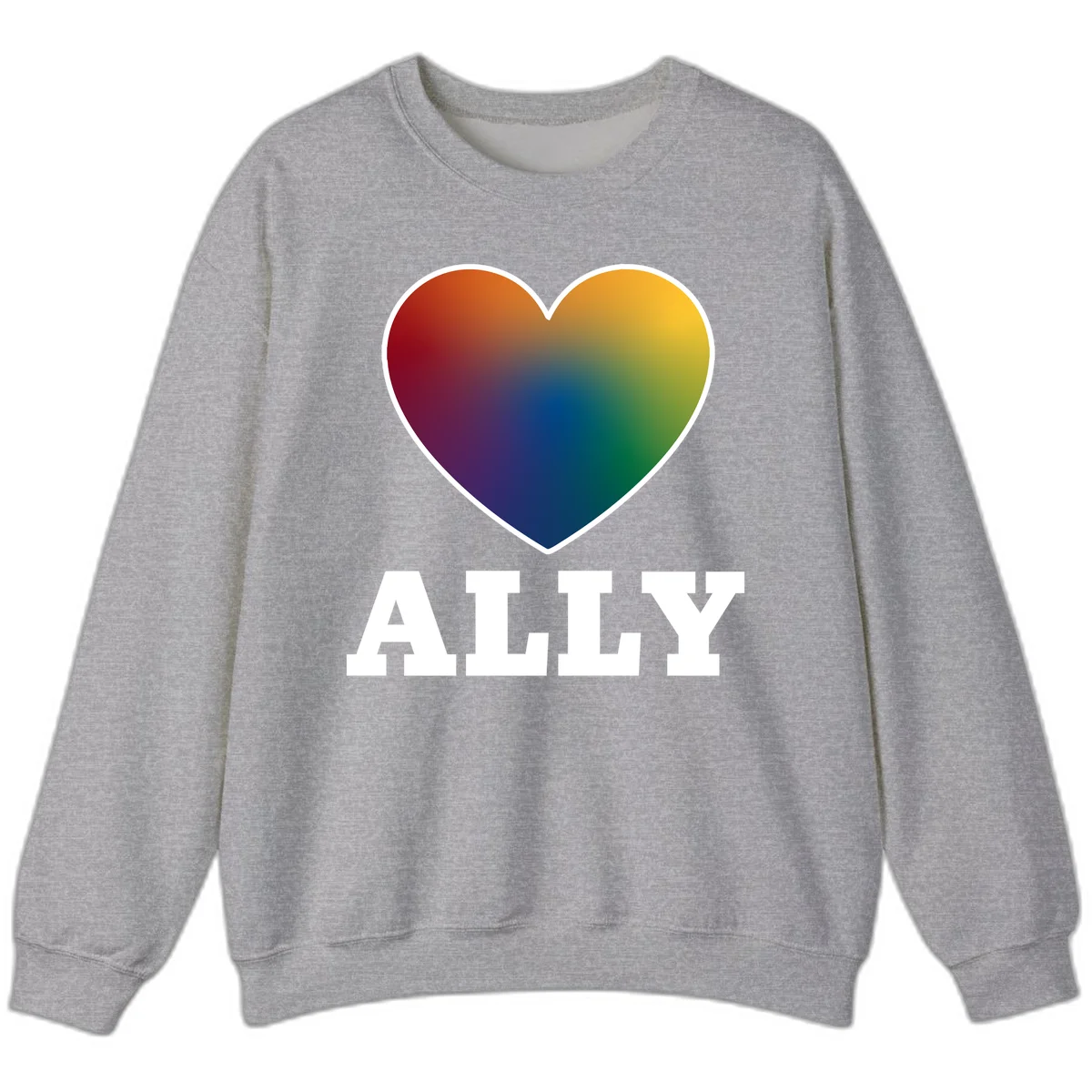 Ally rainbow heart pride design featuring a gradient heart transitioning through rainbow colors with white border and ALLY text in Sport Grey