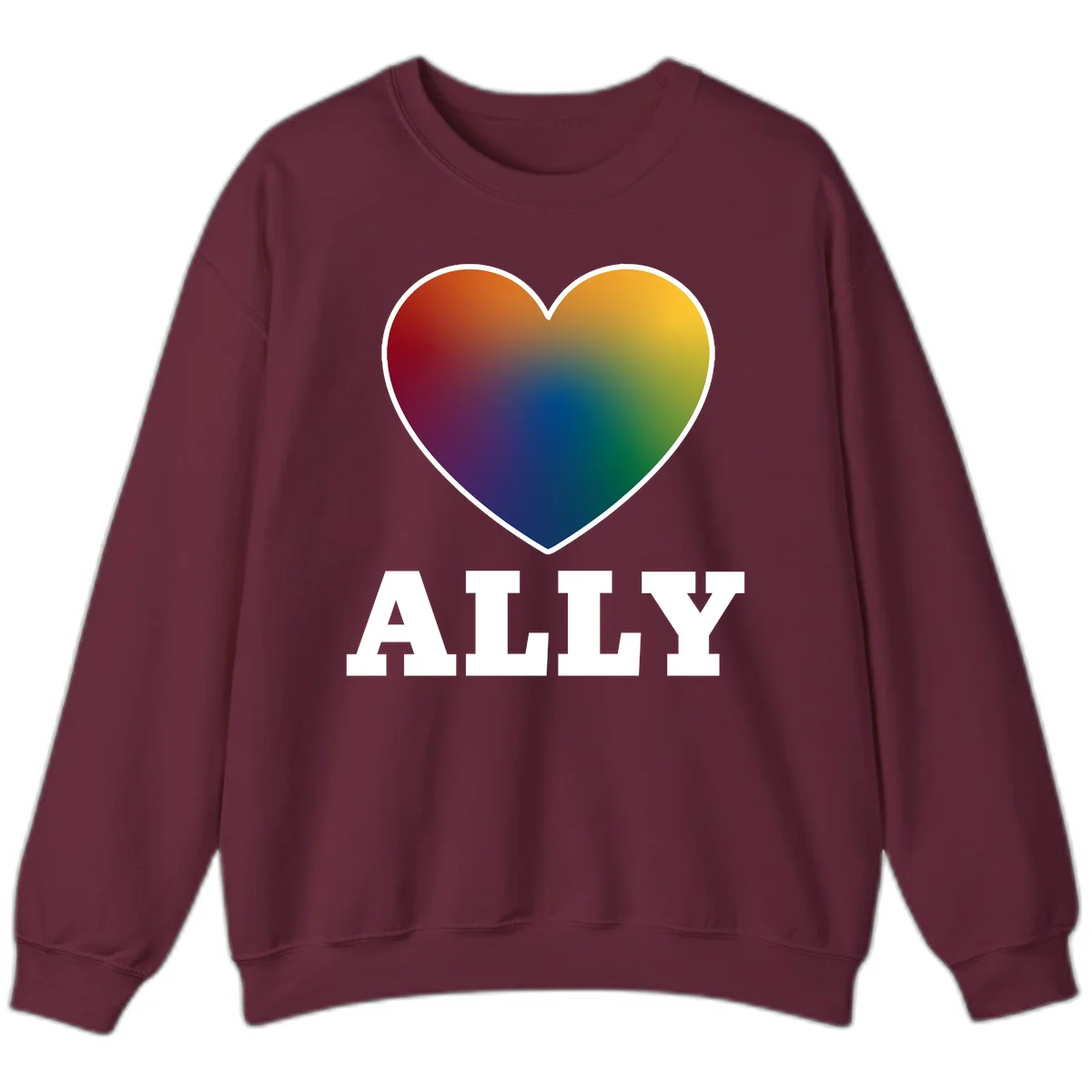 Ally rainbow heart pride design featuring a gradient heart transitioning through rainbow colors with white border and ALLY text in Maroon