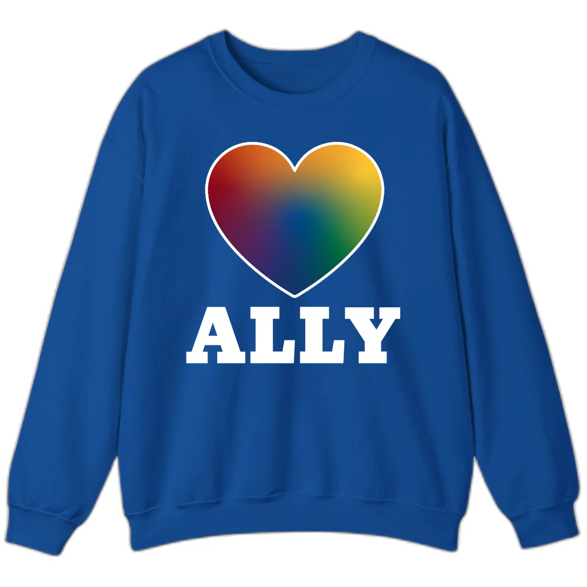 Ally rainbow heart pride design featuring a gradient heart transitioning through rainbow colors with white border and ALLY text in Royal