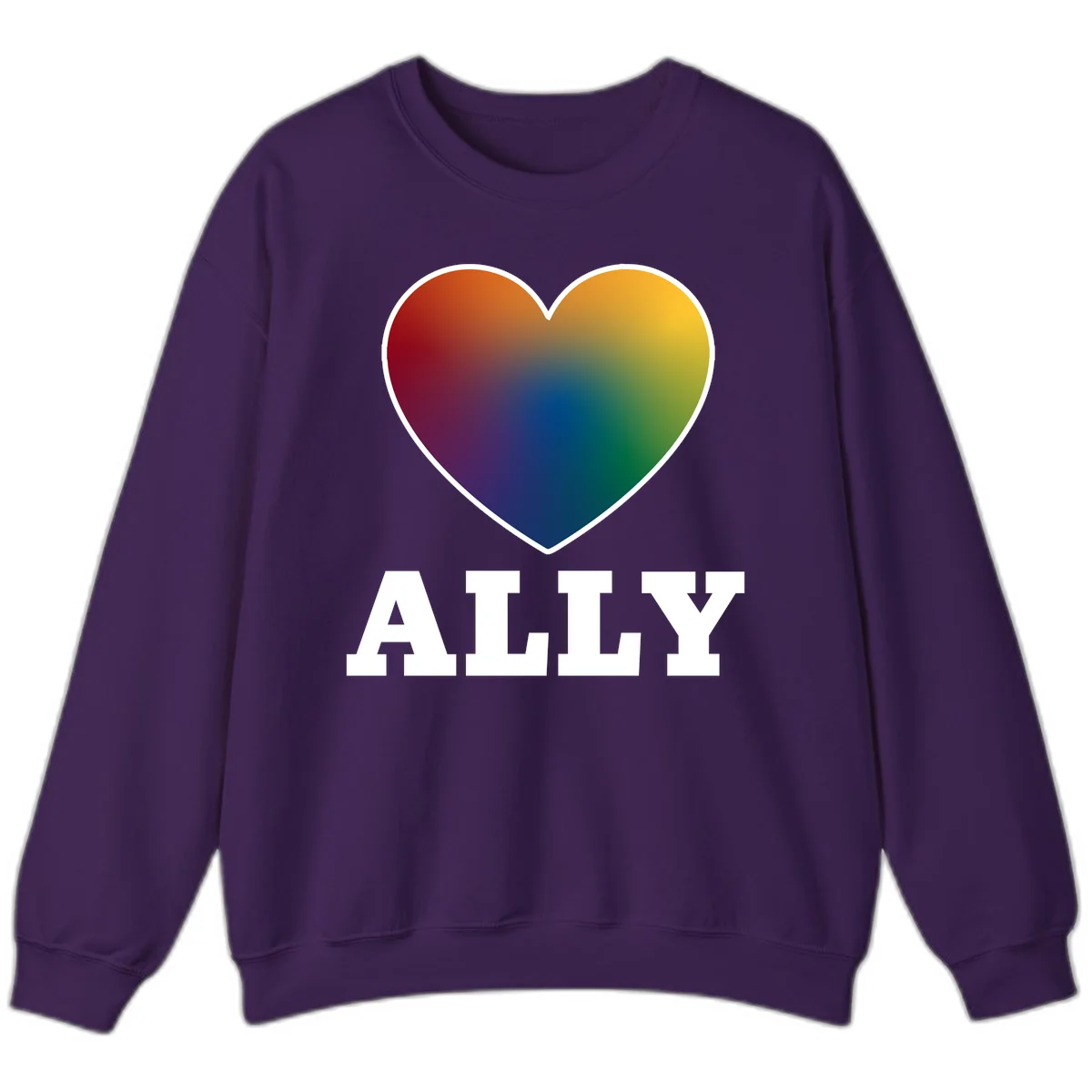 Ally rainbow heart pride design featuring a gradient heart transitioning through rainbow colors with white border and ALLY text in Purple