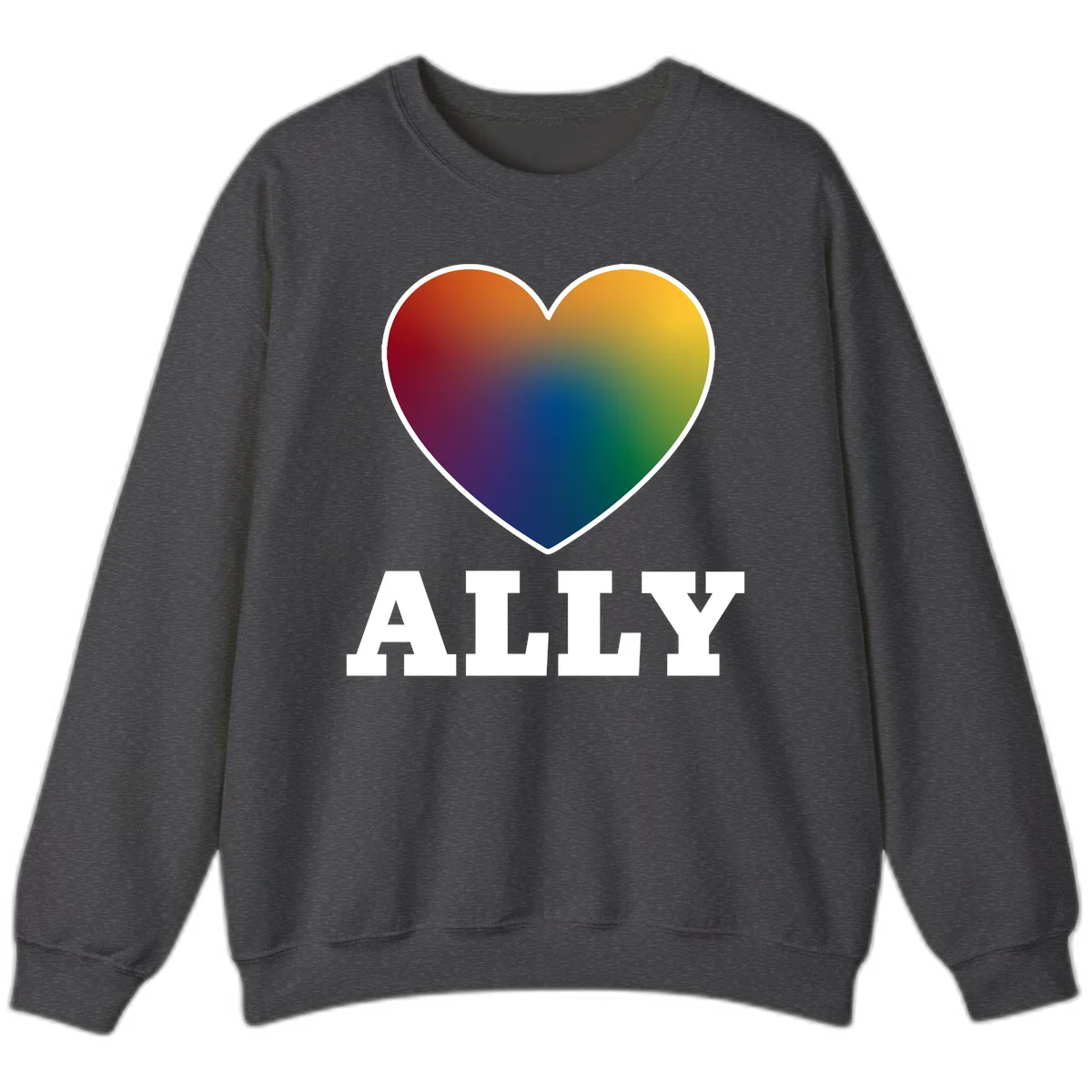Ally rainbow heart pride design featuring a gradient heart transitioning through rainbow colors with white border and ALLY text in Dark Heather