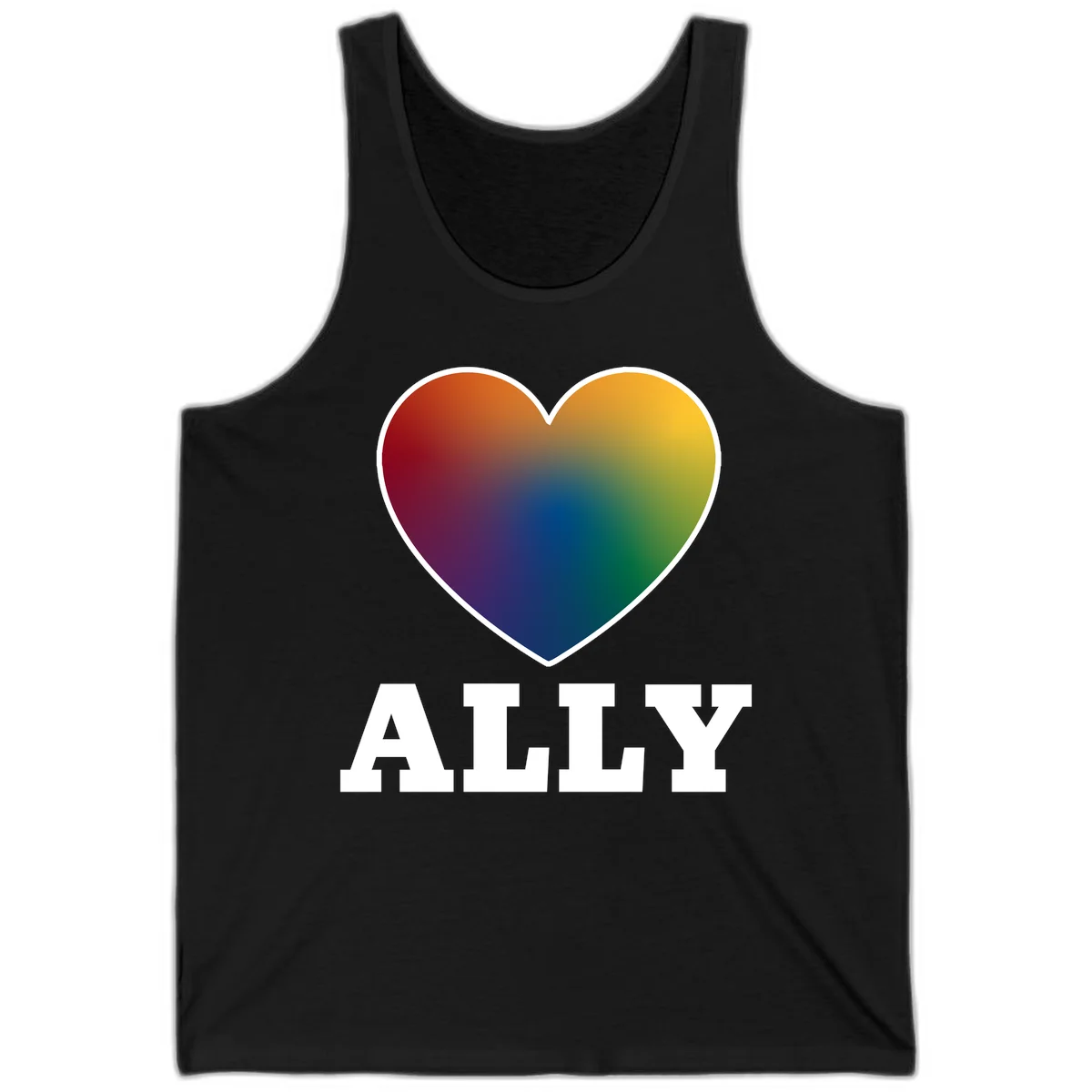 Ally rainbow heart pride design featuring a gradient heart transitioning through rainbow colors with white border and ALLY text in Black