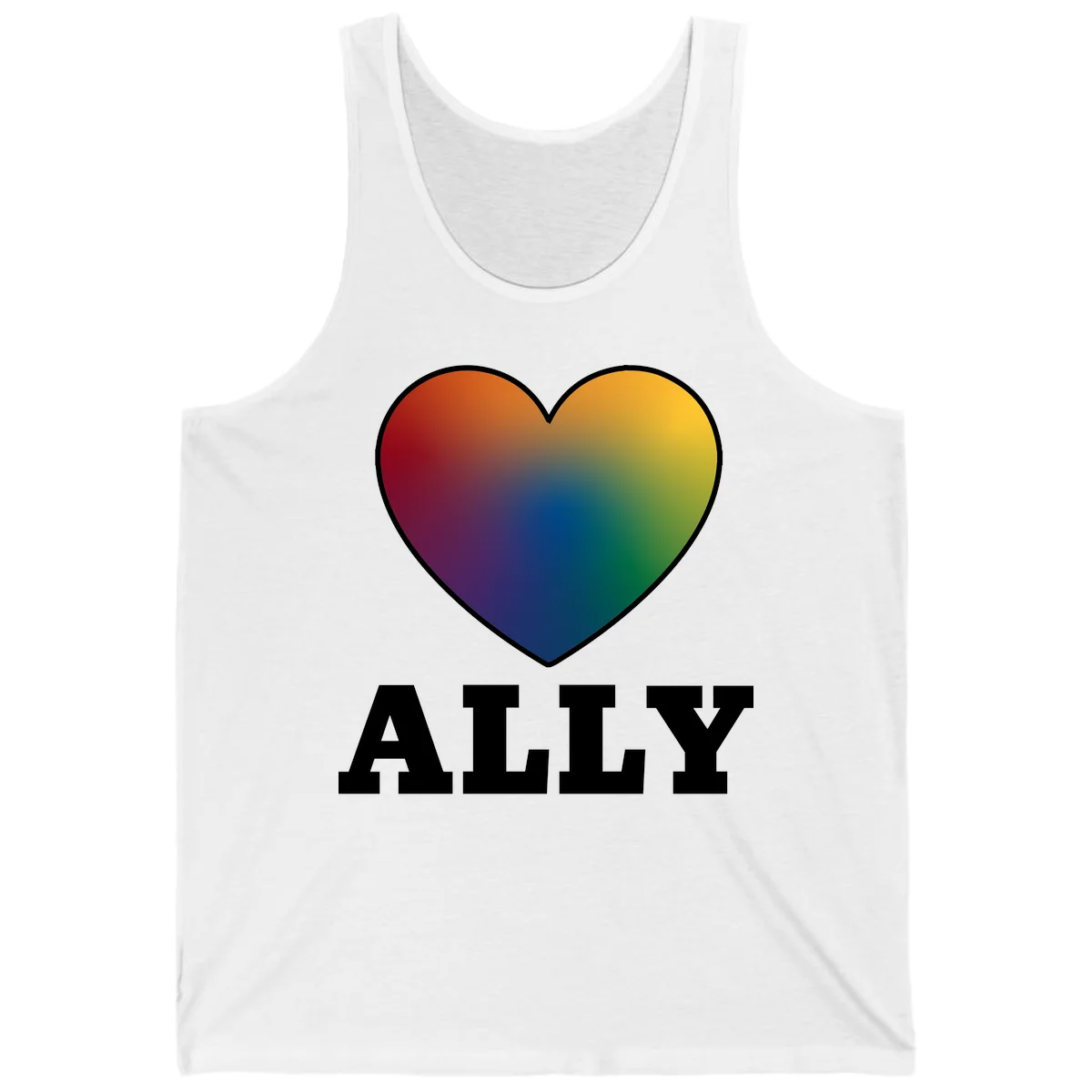 Ally rainbow heart pride design featuring a gradient heart transitioning through rainbow colors with white border and ALLY text in White