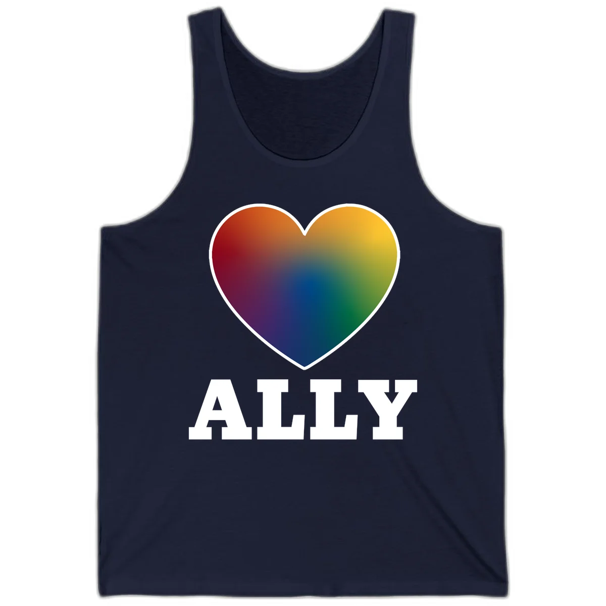 Ally rainbow heart pride design featuring a gradient heart transitioning through rainbow colors with white border and ALLY text in Navy