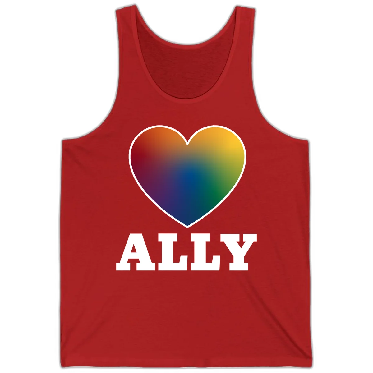 Ally rainbow heart pride design featuring a gradient heart transitioning through rainbow colors with white border and ALLY text in Red