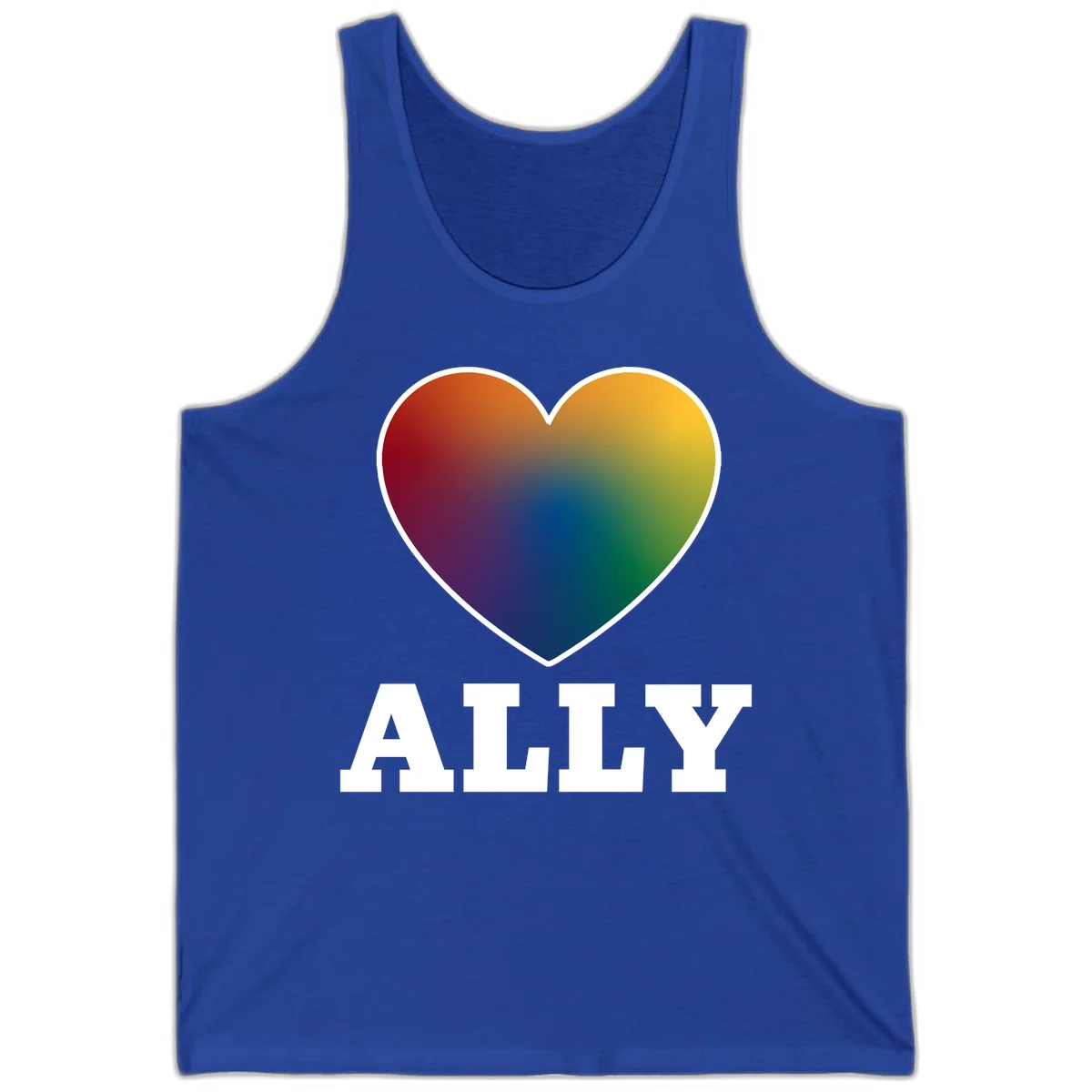 Ally rainbow heart pride design featuring a gradient heart transitioning through rainbow colors with white border and ALLY text in True Royal