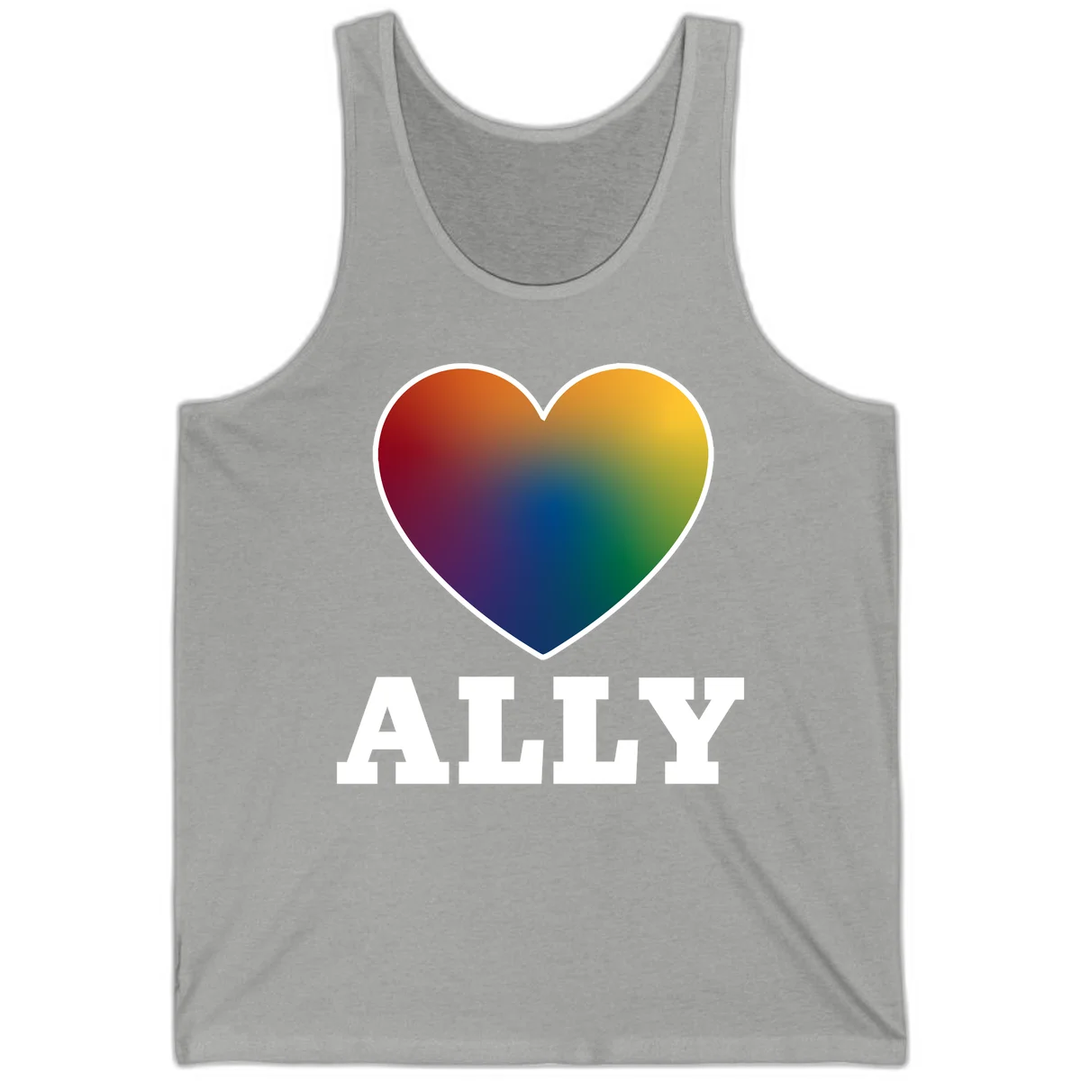 Ally rainbow heart pride design featuring a gradient heart transitioning through rainbow colors with white border and ALLY text in Athletic Heather