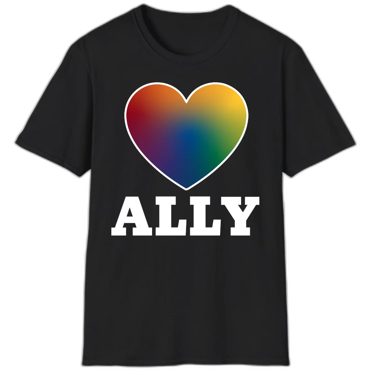 Ally rainbow heart pride design featuring a gradient heart transitioning through rainbow colors with white border and ALLY text in Black