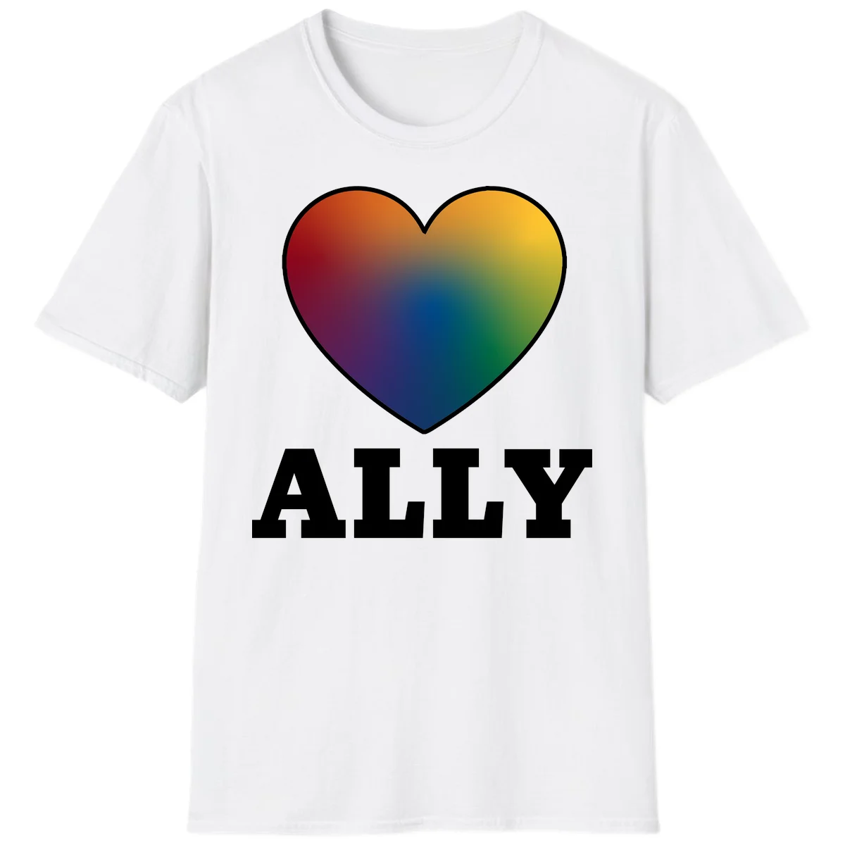Ally rainbow heart pride design featuring a gradient heart transitioning through rainbow colors with white border and ALLY text in White