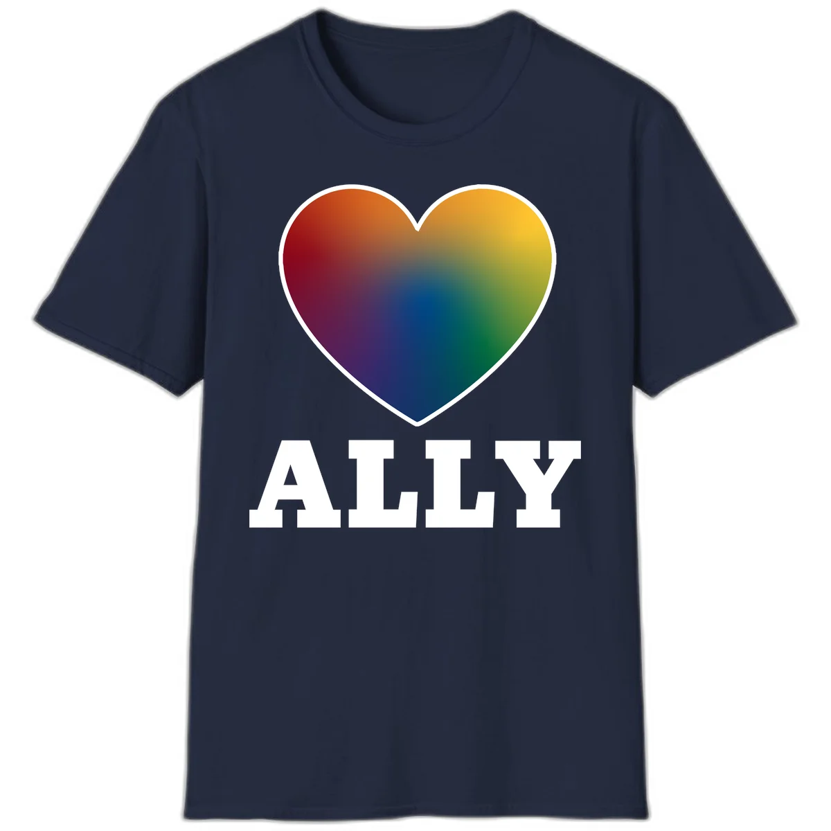 Ally rainbow heart pride design featuring a gradient heart transitioning through rainbow colors with white border and ALLY text in Navy