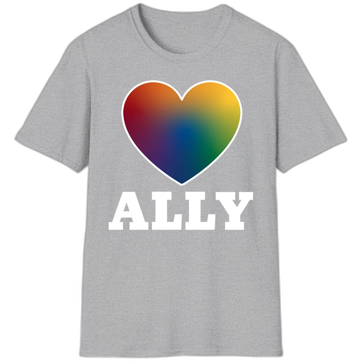 Ally rainbow heart pride design featuring a gradient heart transitioning through rainbow colors with white border and ALLY text in Sport Grey