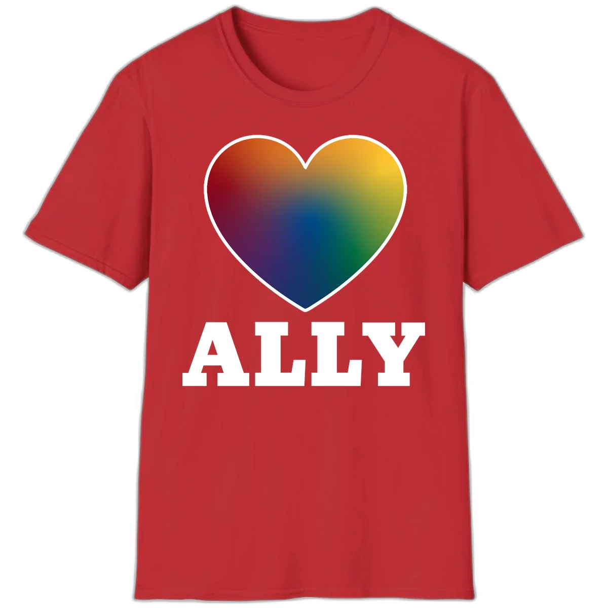 Ally rainbow heart pride design featuring a gradient heart transitioning through rainbow colors with white border and ALLY text in Red