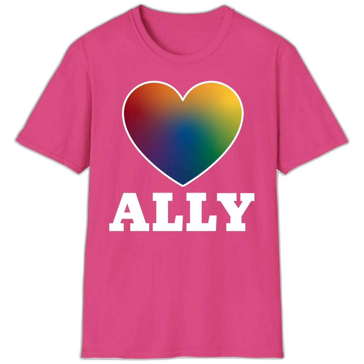 Ally rainbow heart pride design featuring a gradient heart transitioning through rainbow colors with white border and ALLY text in Heliconia