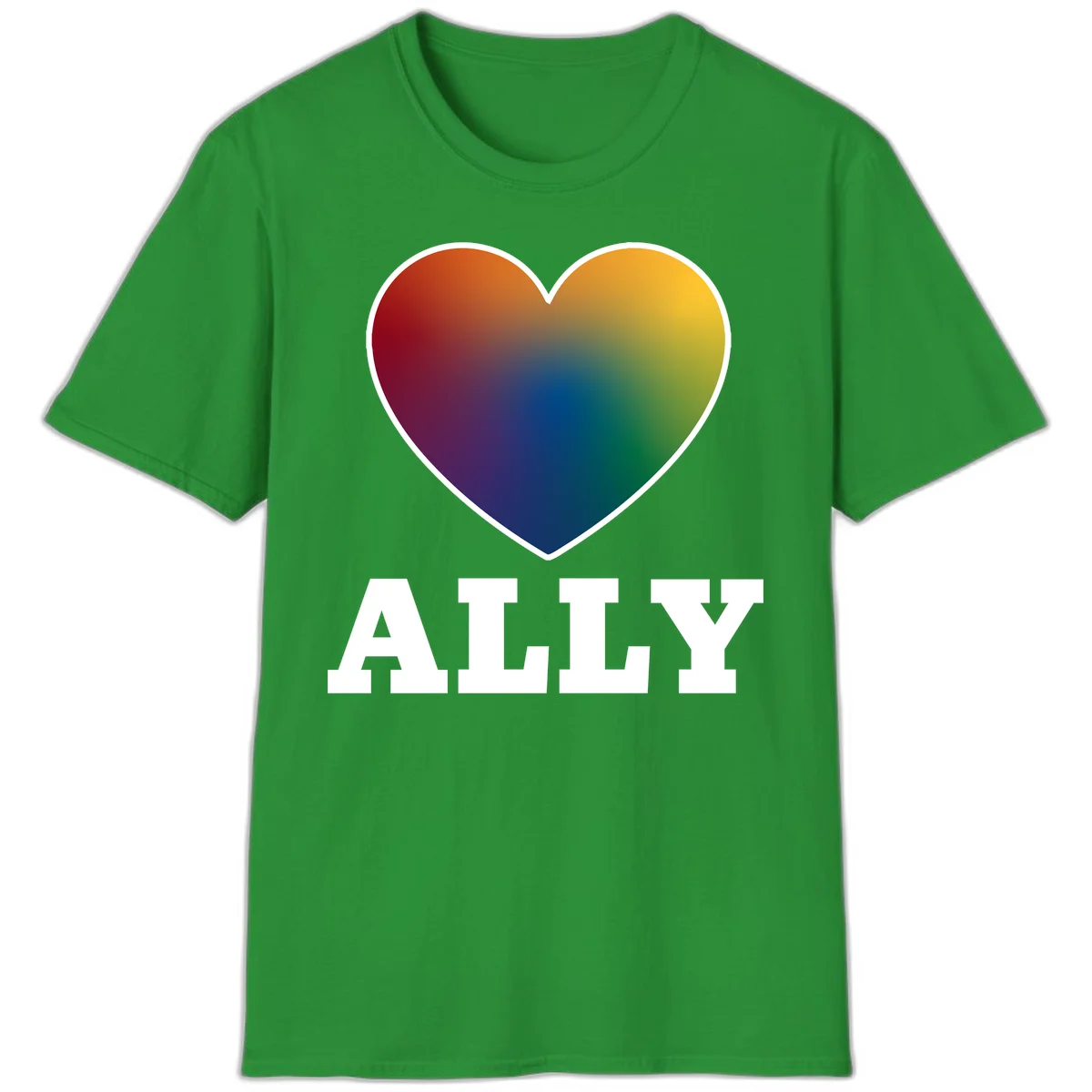 Ally rainbow heart pride design featuring a gradient heart transitioning through rainbow colors with white border and ALLY text in Irish Green