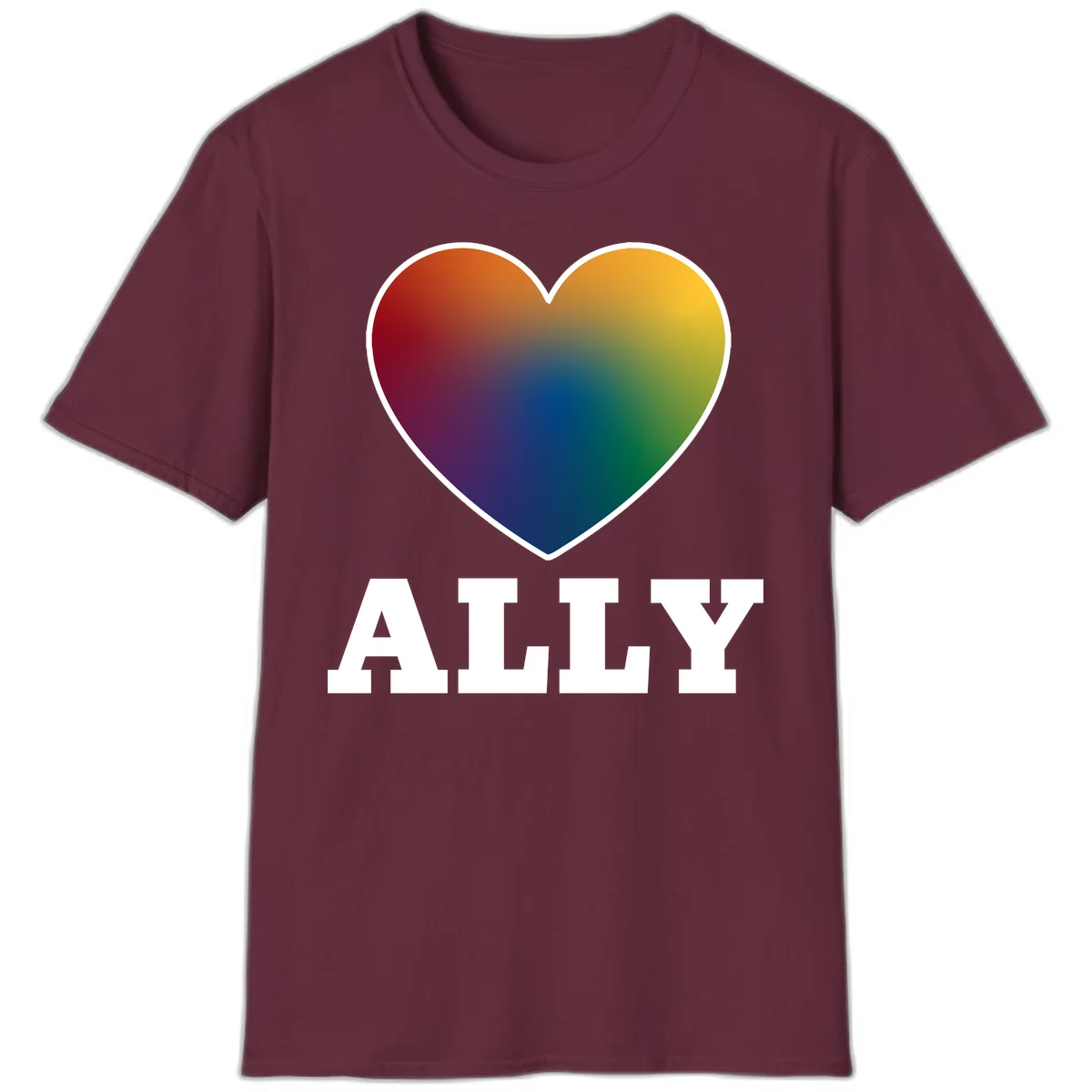 Ally rainbow heart pride design featuring a gradient heart transitioning through rainbow colors with white border and ALLY text in Maroon