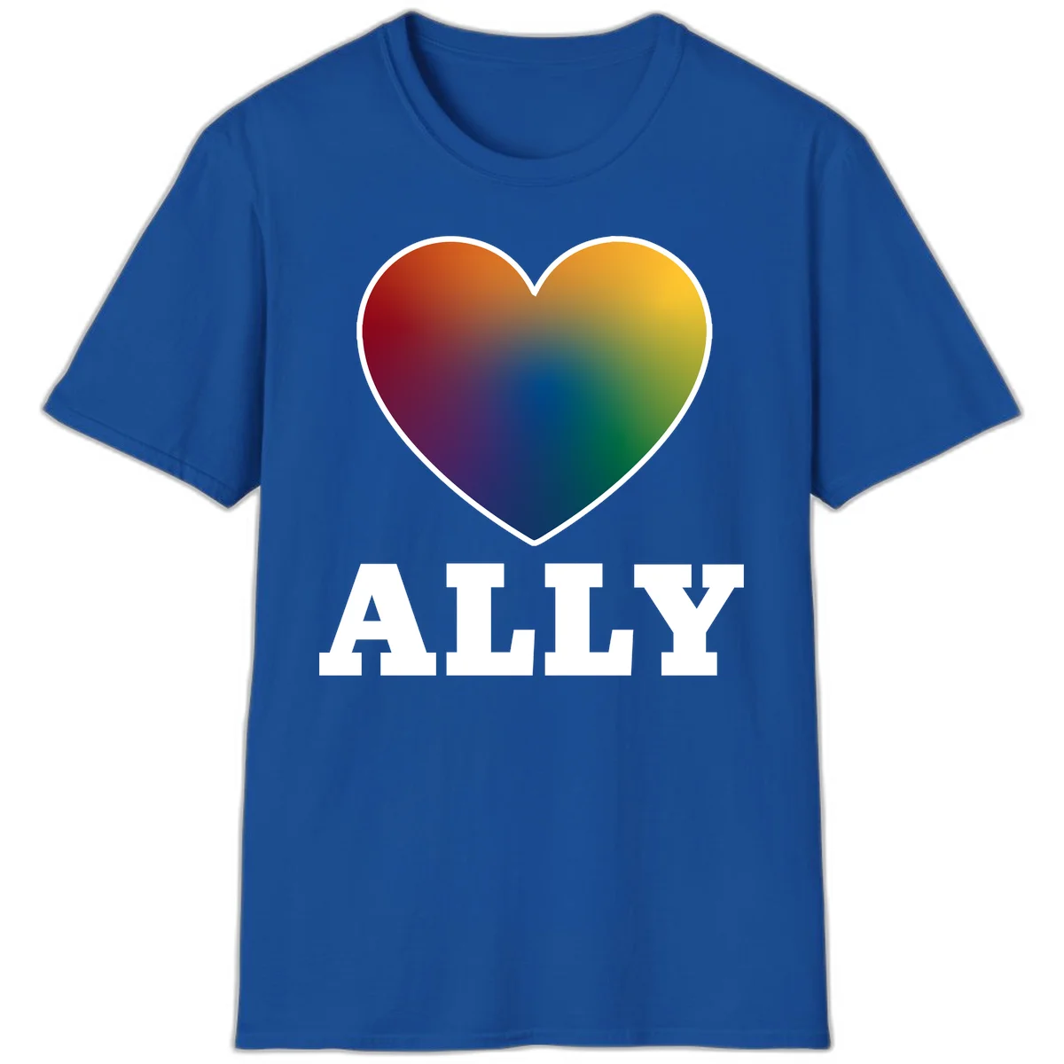 Ally rainbow heart pride design featuring a gradient heart transitioning through rainbow colors with white border and ALLY text in Royal