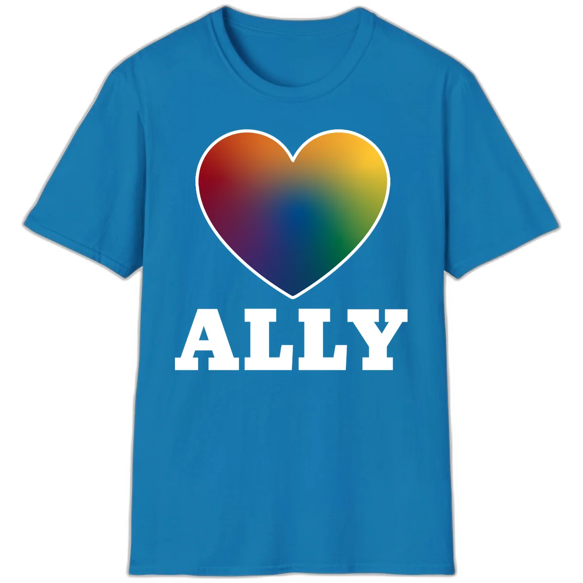 Ally rainbow heart pride design featuring a gradient heart transitioning through rainbow colors with white border and ALLY text in Sapphire