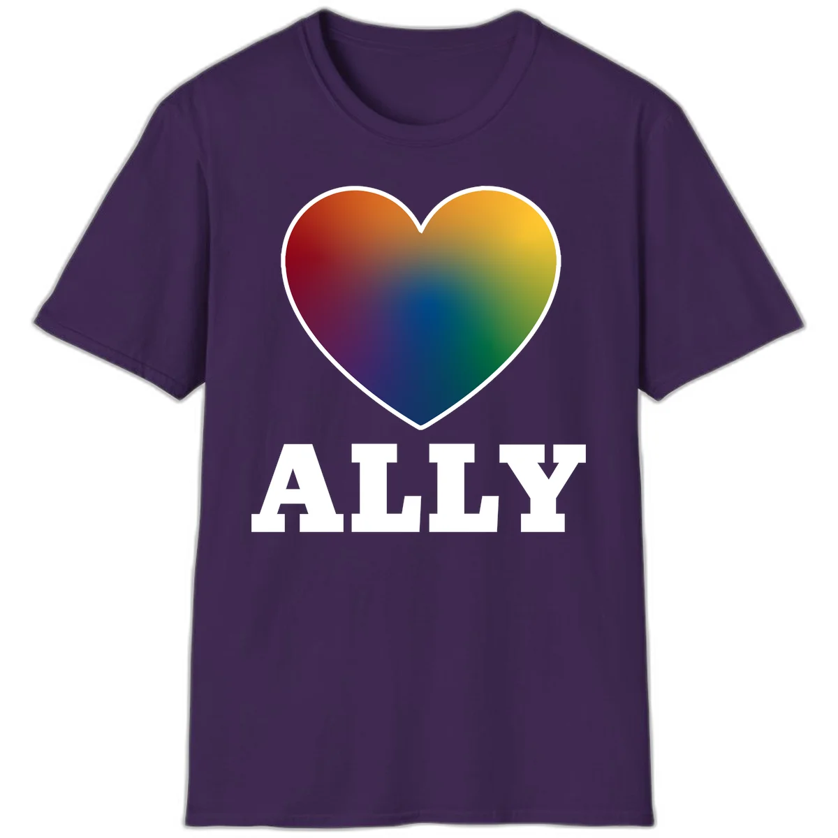 Ally rainbow heart pride design featuring a gradient heart transitioning through rainbow colors with white border and ALLY text in Purple