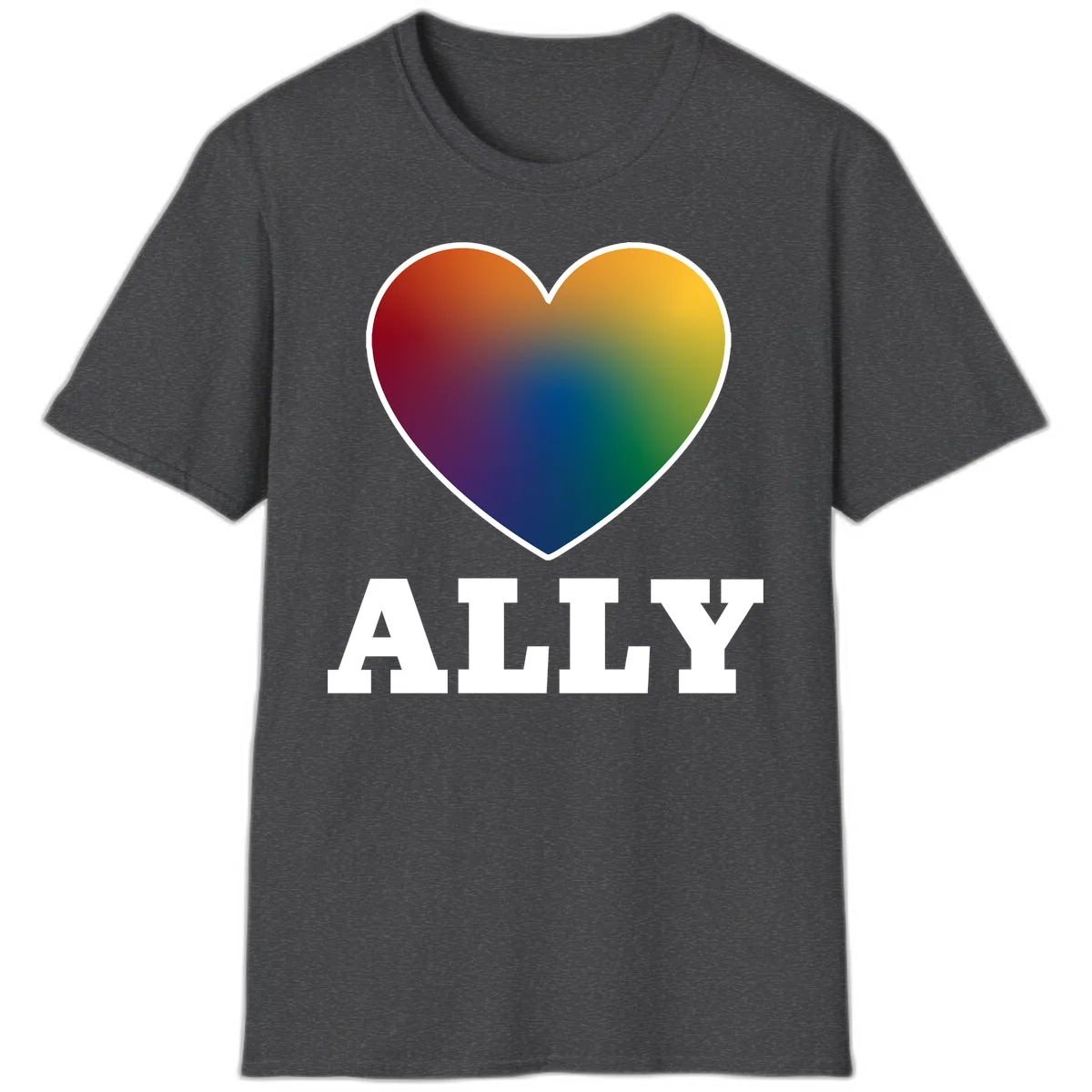 Ally rainbow heart pride design featuring a gradient heart transitioning through rainbow colors with white border and ALLY text in Dark Heather