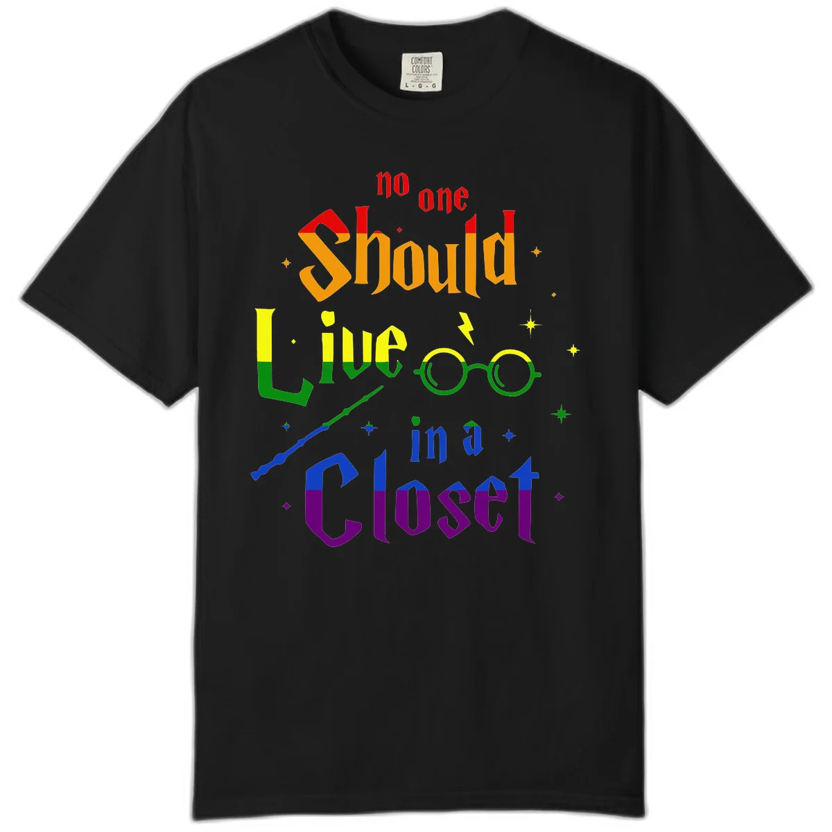 Rainbow gradient text reading 'no one Should live in a Closet' with magical elements including glasses, wand, and stars on gray background in Black