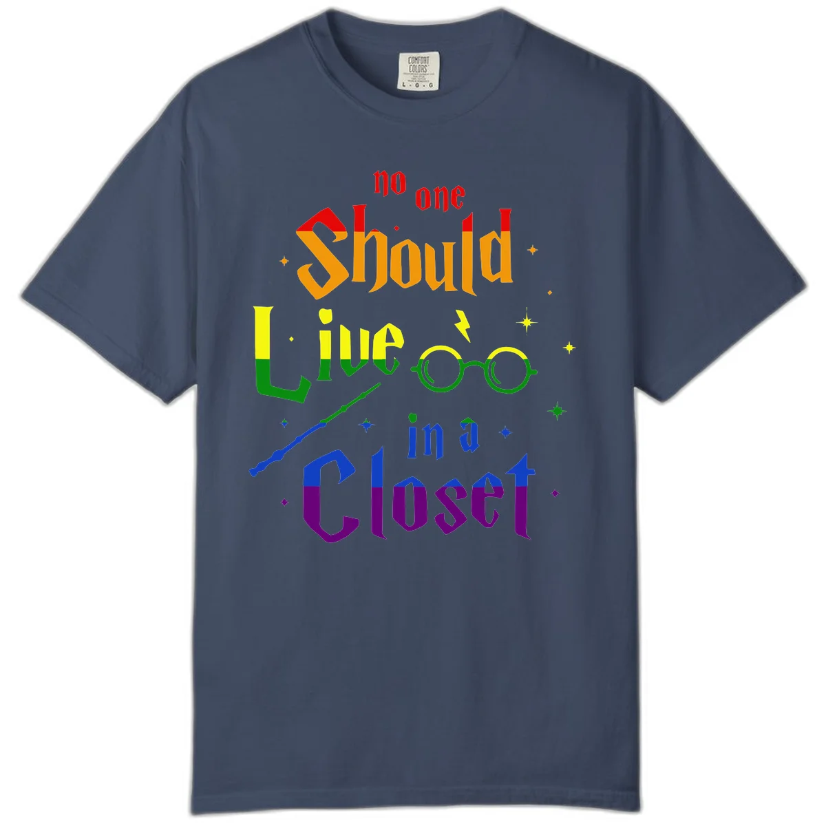 Rainbow gradient text reading 'no one Should live in a Closet' with magical elements including glasses, wand, and stars on gray background in Midnight