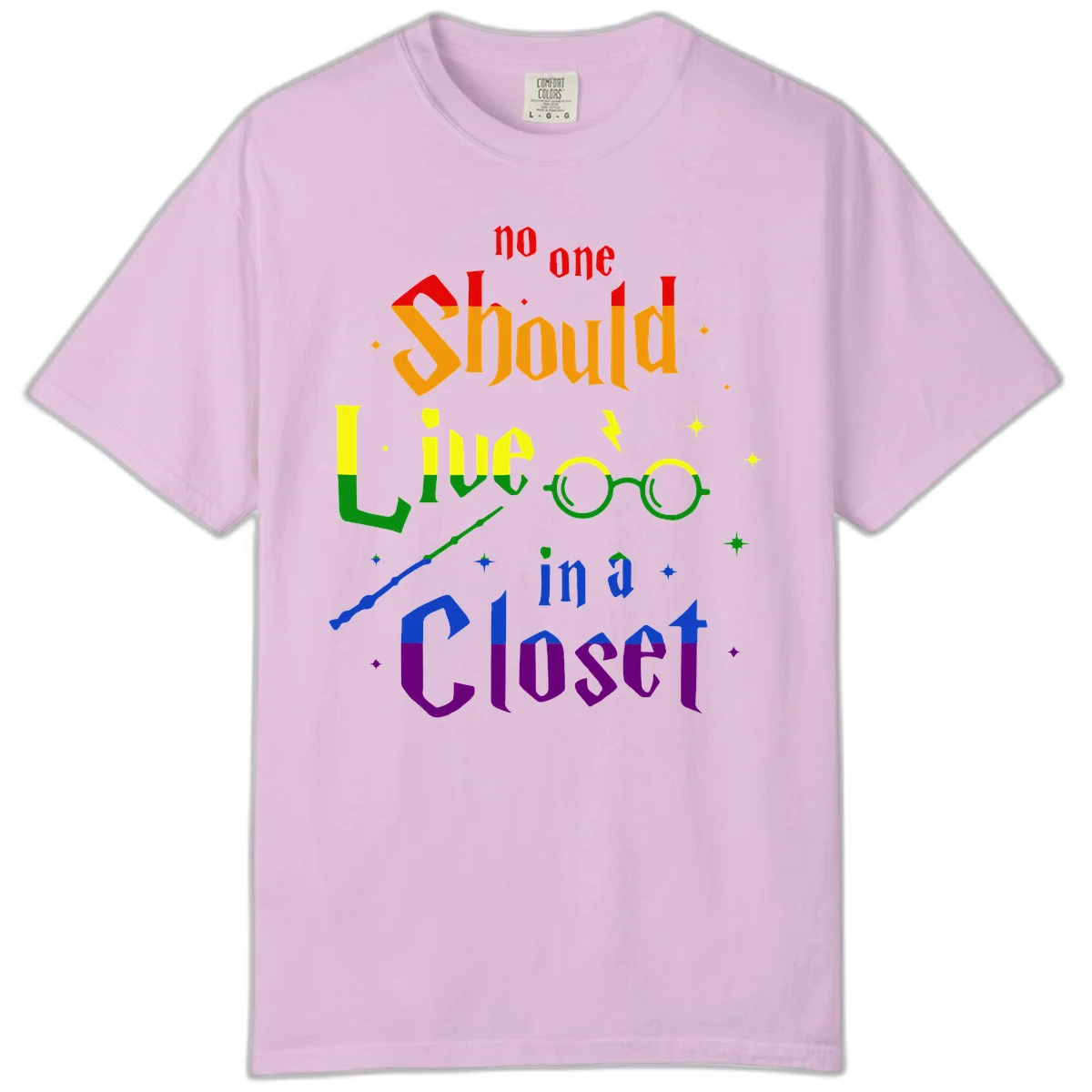 Rainbow gradient text reading 'no one Should live in a Closet' with magical elements including glasses, wand, and stars on gray background in Orchid