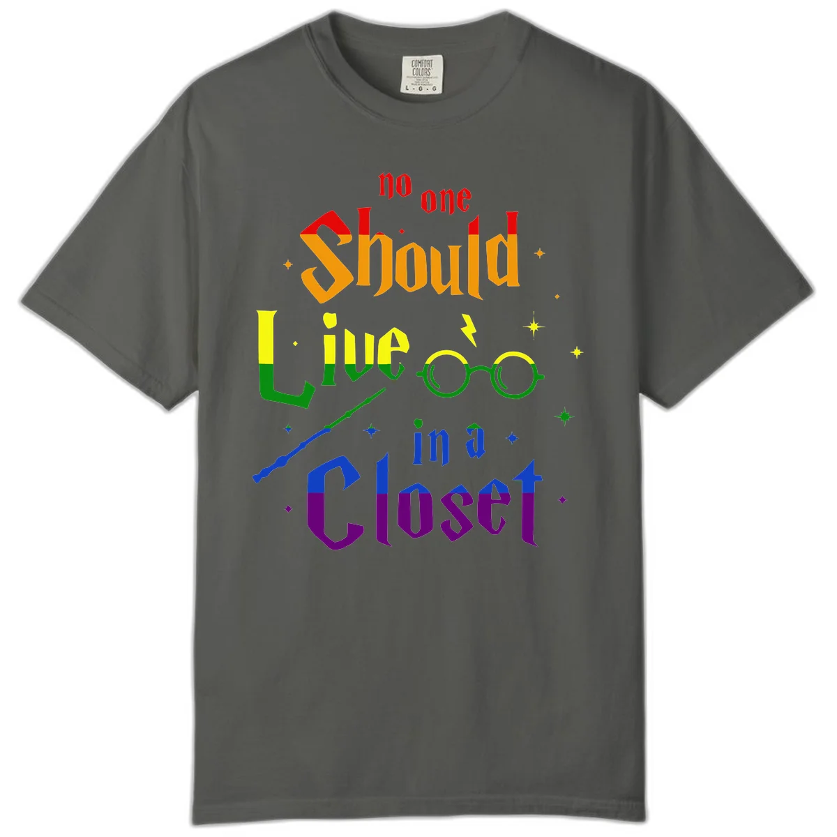 Rainbow gradient text reading 'no one Should live in a Closet' with magical elements including glasses, wand, and stars on gray background in Pepper