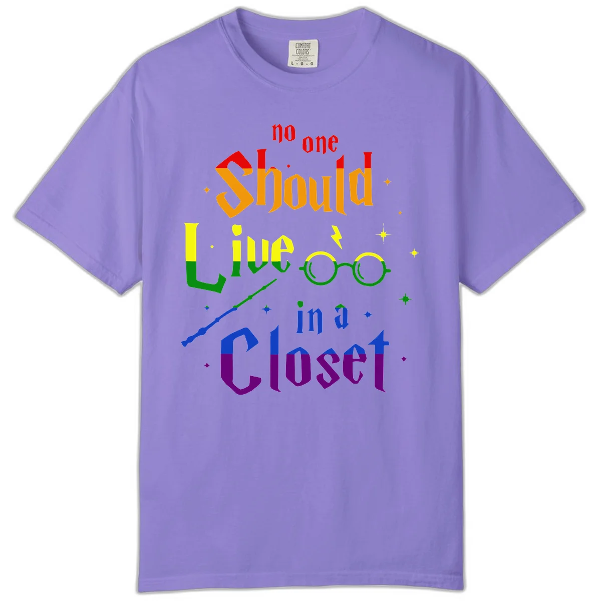 Rainbow gradient text reading 'no one Should live in a Closet' with magical elements including glasses, wand, and stars on gray background in Violet