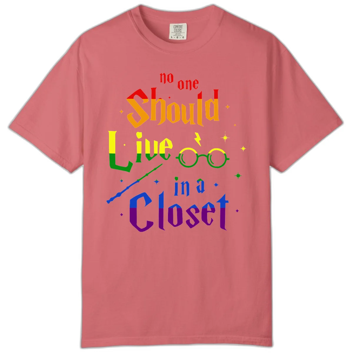 Rainbow gradient text reading 'no one Should live in a Closet' with magical elements including glasses, wand, and stars on gray background in Watermelon