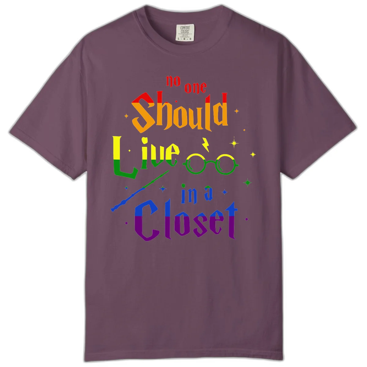 Rainbow gradient text reading 'no one Should live in a Closet' with magical elements including glasses, wand, and stars on gray background in Berry