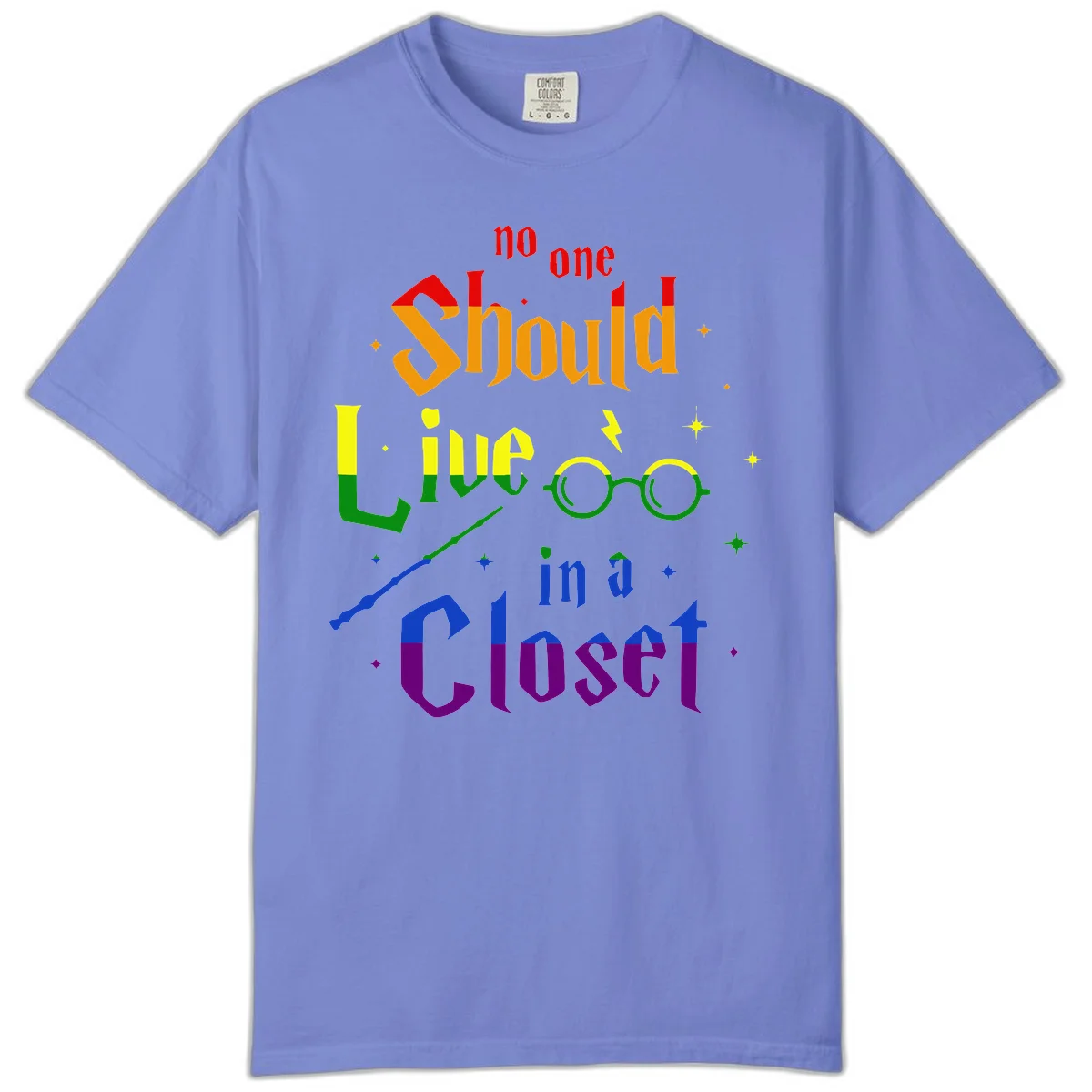 Rainbow gradient text reading 'no one Should live in a Closet' with magical elements including glasses, wand, and stars on gray background in Flo Blue
