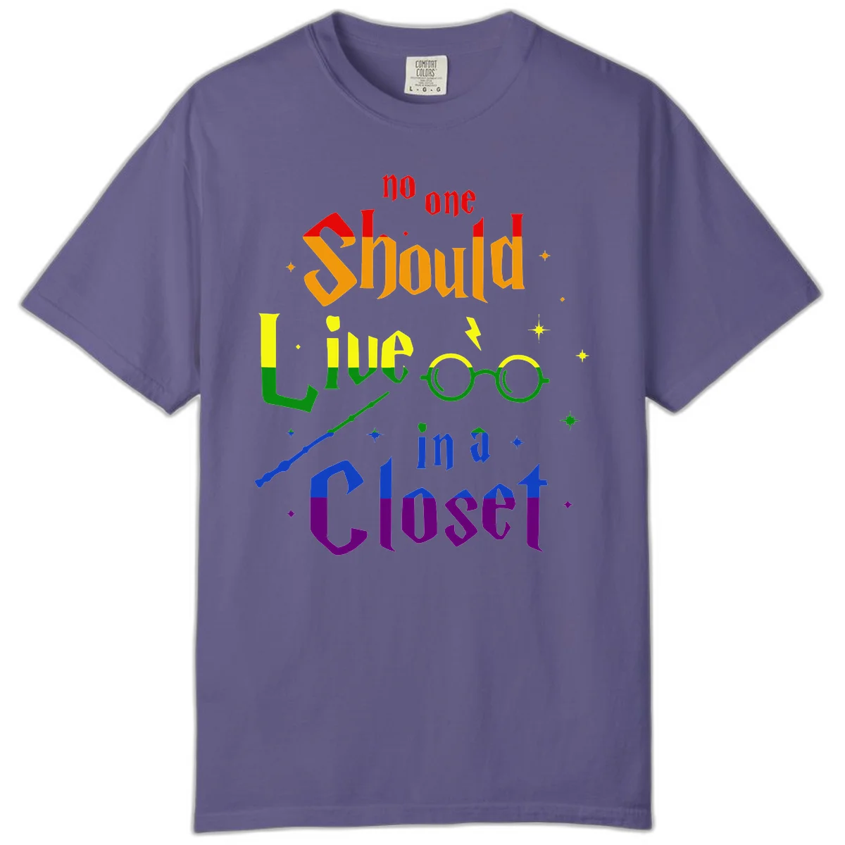 Rainbow gradient text reading 'no one Should live in a Closet' with magical elements including glasses, wand, and stars on gray background in Grape
