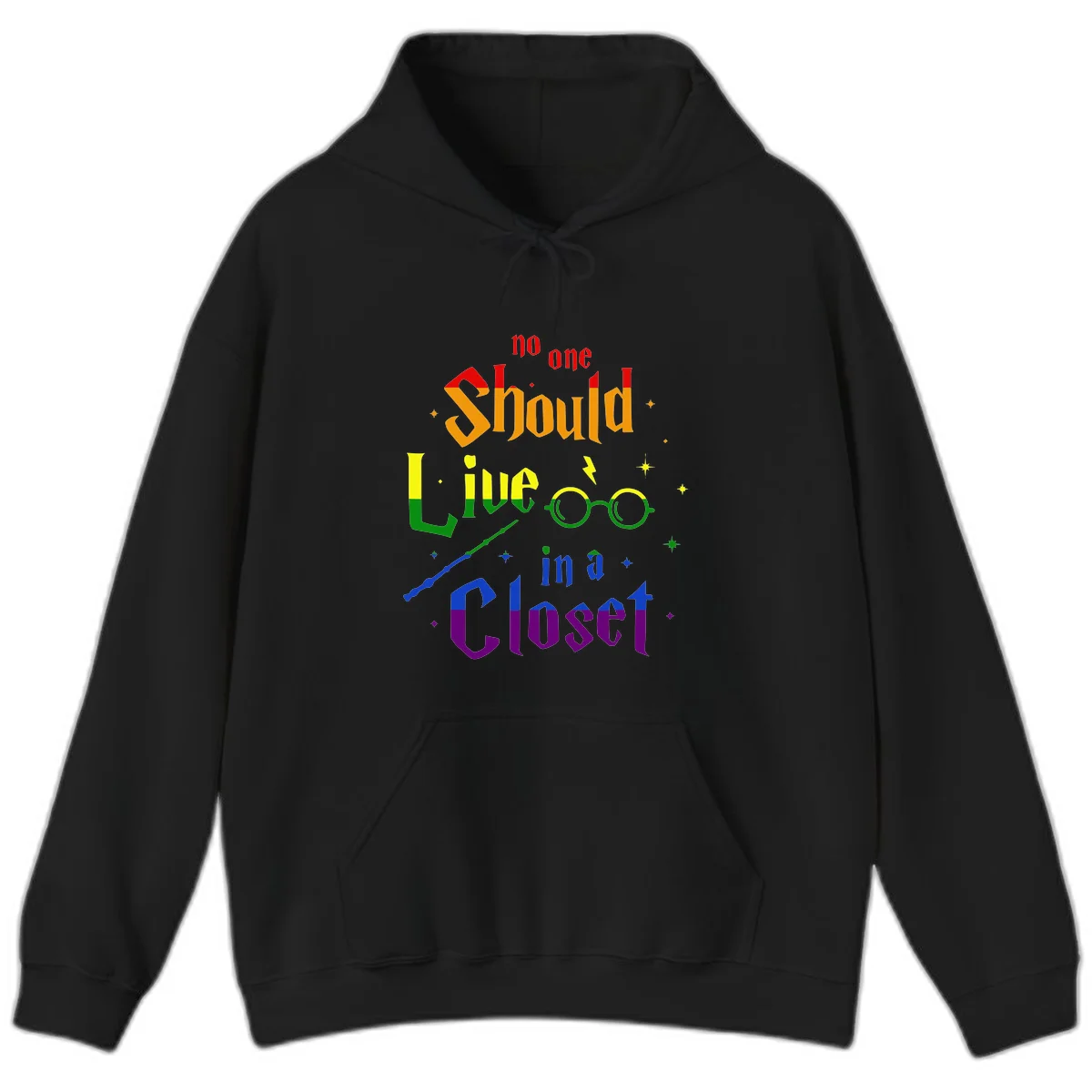 Rainbow gradient text reading 'no one Should live in a Closet' with magical elements including glasses, wand, and stars on gray background in Black