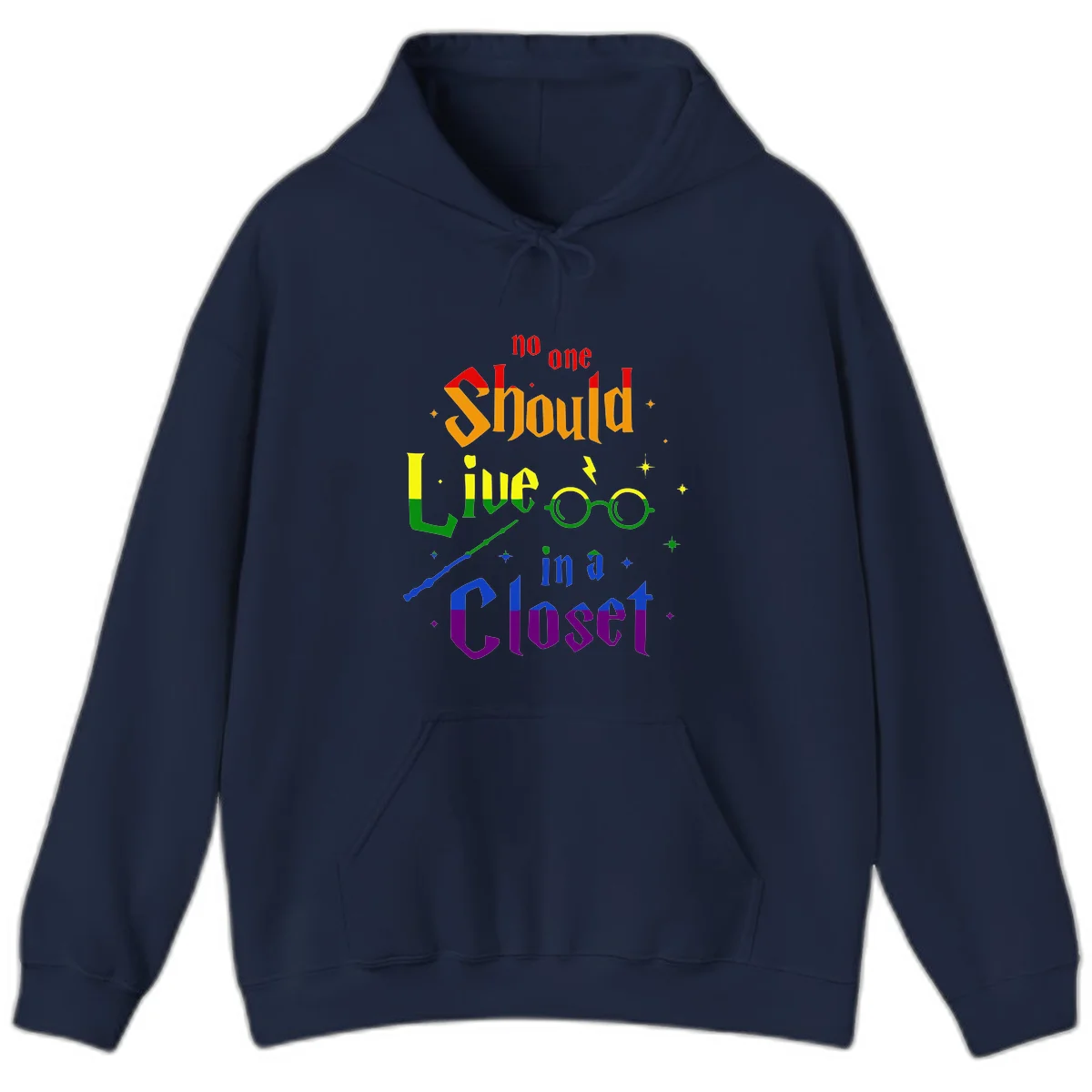 Rainbow gradient text reading 'no one Should live in a Closet' with magical elements including glasses, wand, and stars on gray background in Navy