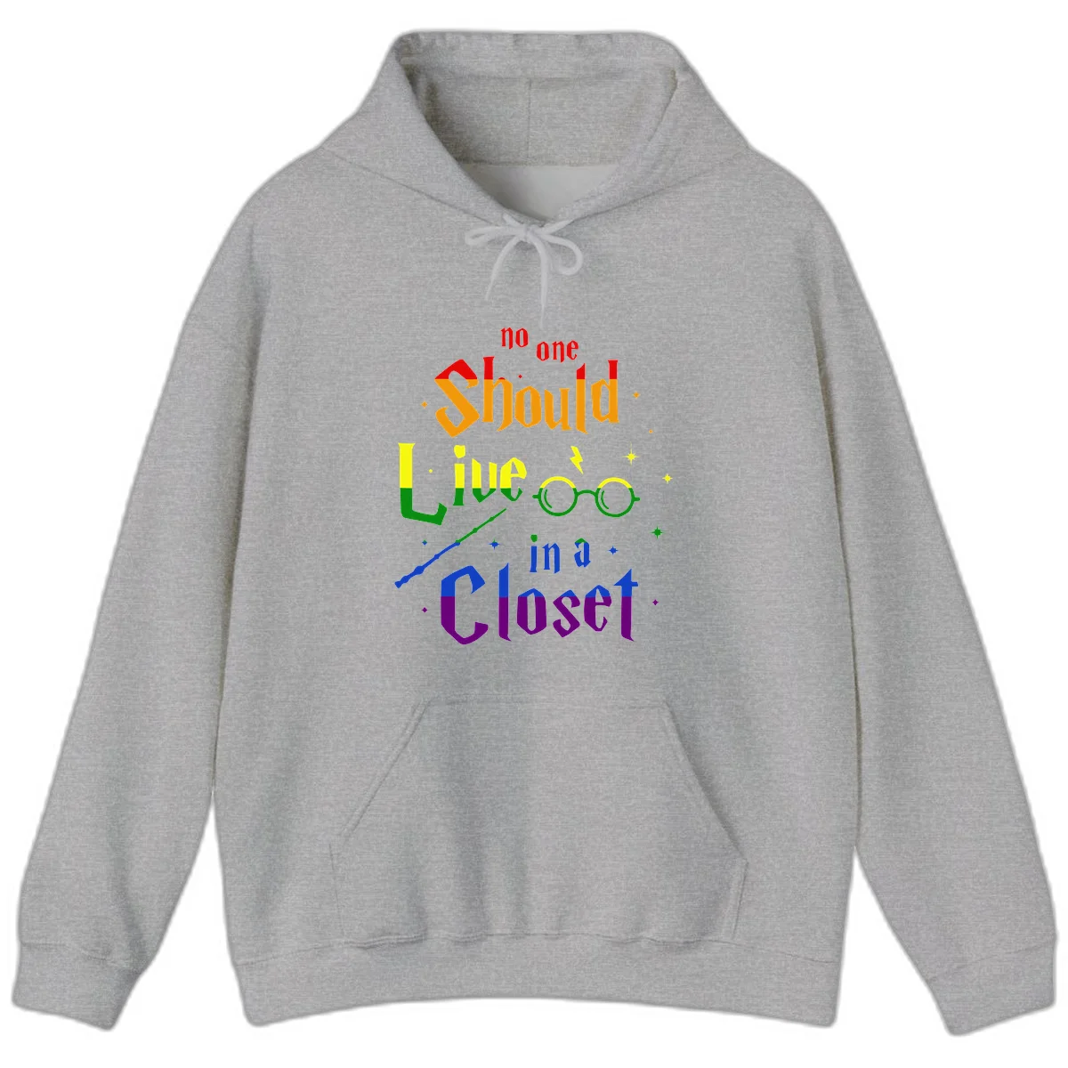 Rainbow gradient text reading 'no one Should live in a Closet' with magical elements including glasses, wand, and stars on gray background in Sport Grey