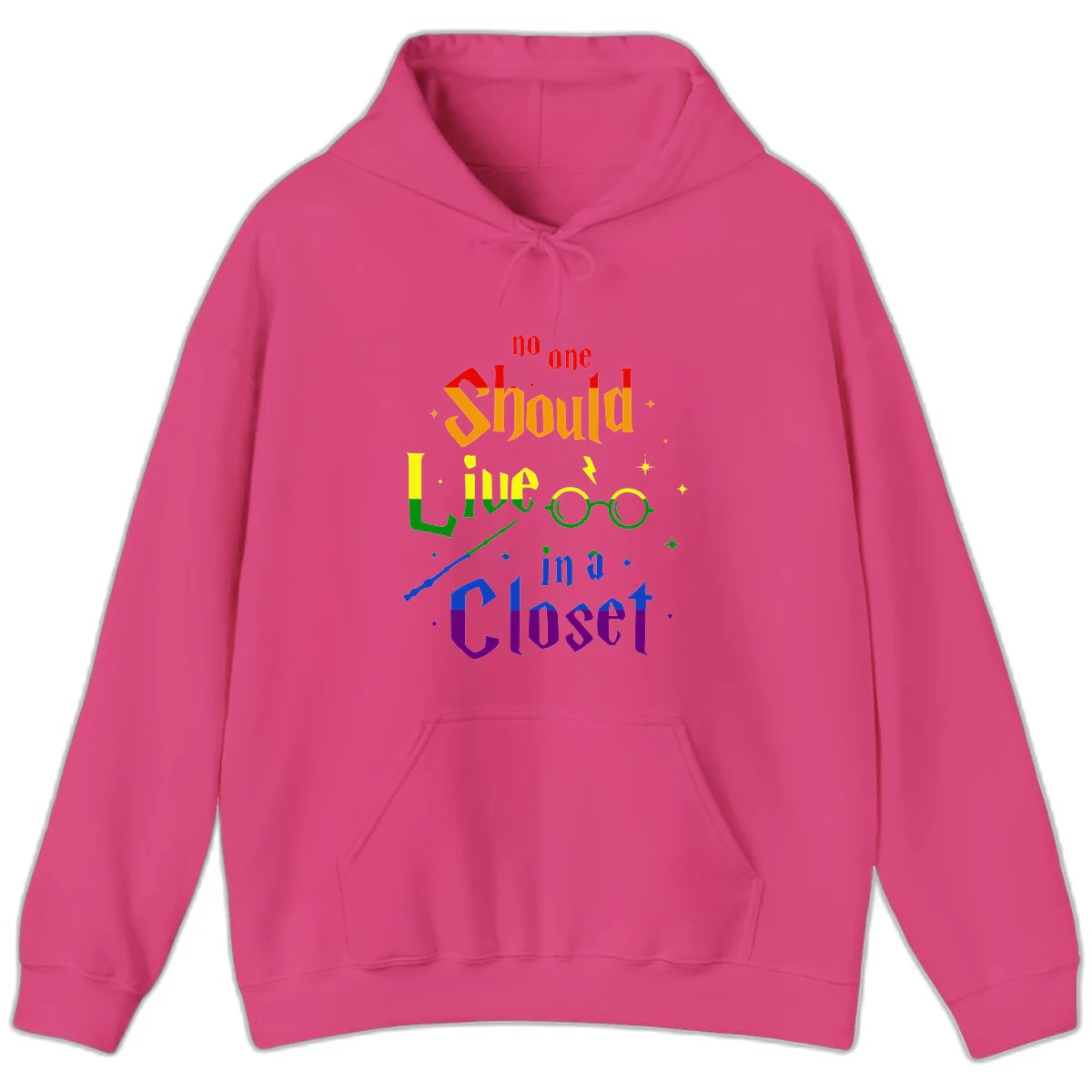 Rainbow gradient text reading 'no one Should live in a Closet' with magical elements including glasses, wand, and stars on gray background in Heliconia