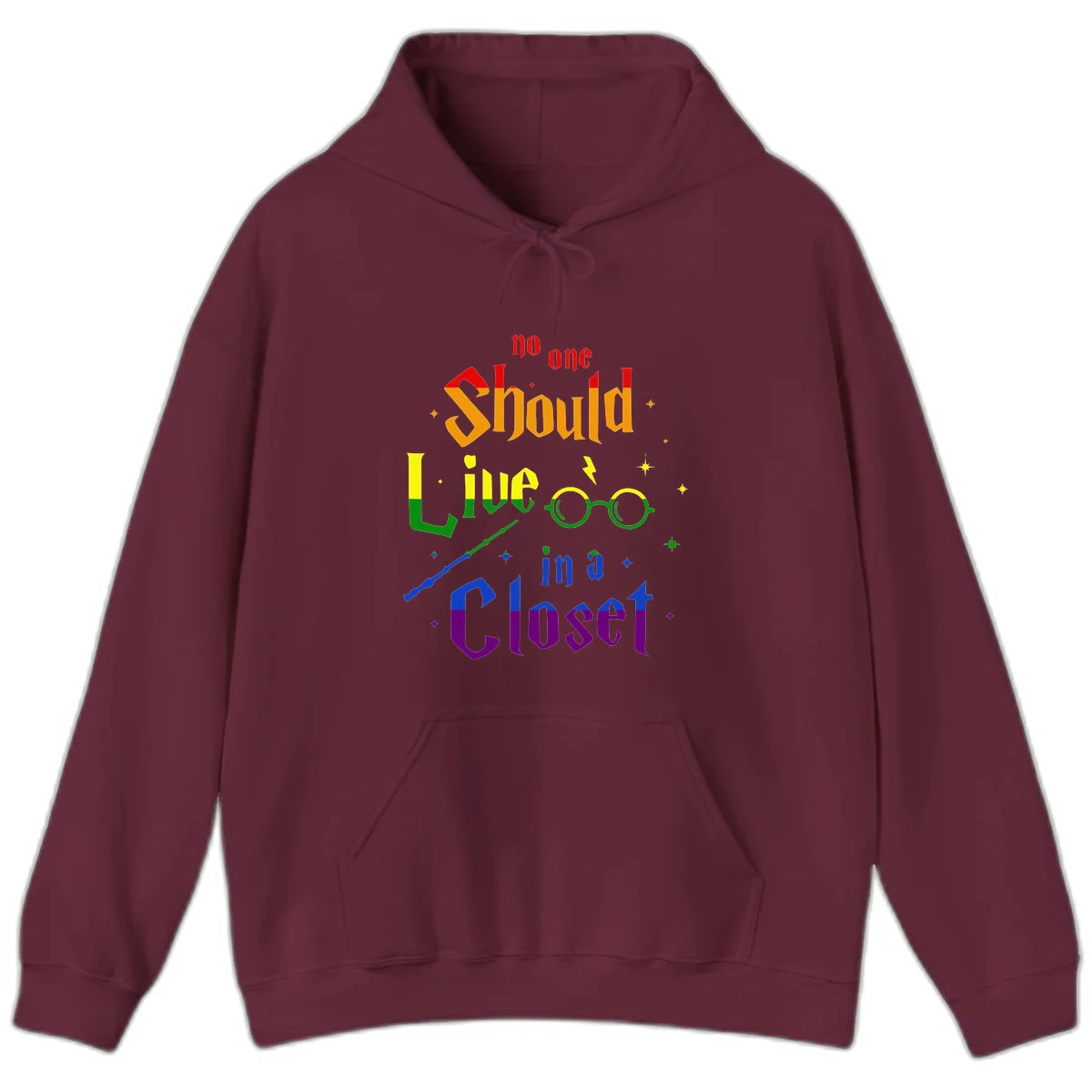 Rainbow gradient text reading 'no one Should live in a Closet' with magical elements including glasses, wand, and stars on gray background in Maroon