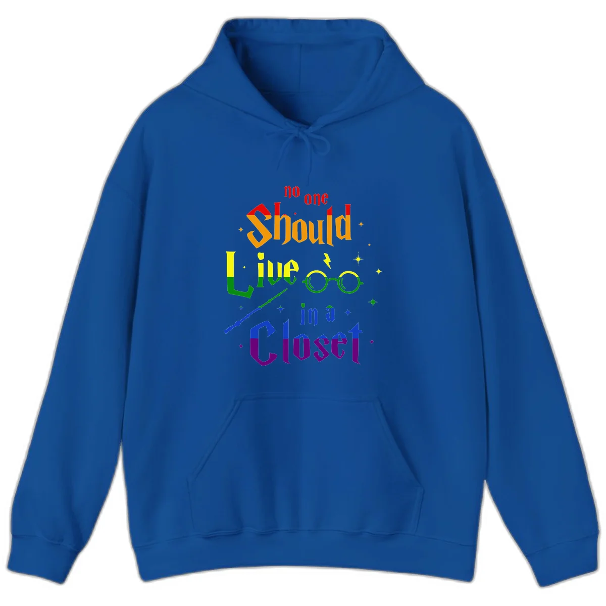 Rainbow gradient text reading 'no one Should live in a Closet' with magical elements including glasses, wand, and stars on gray background in Royal