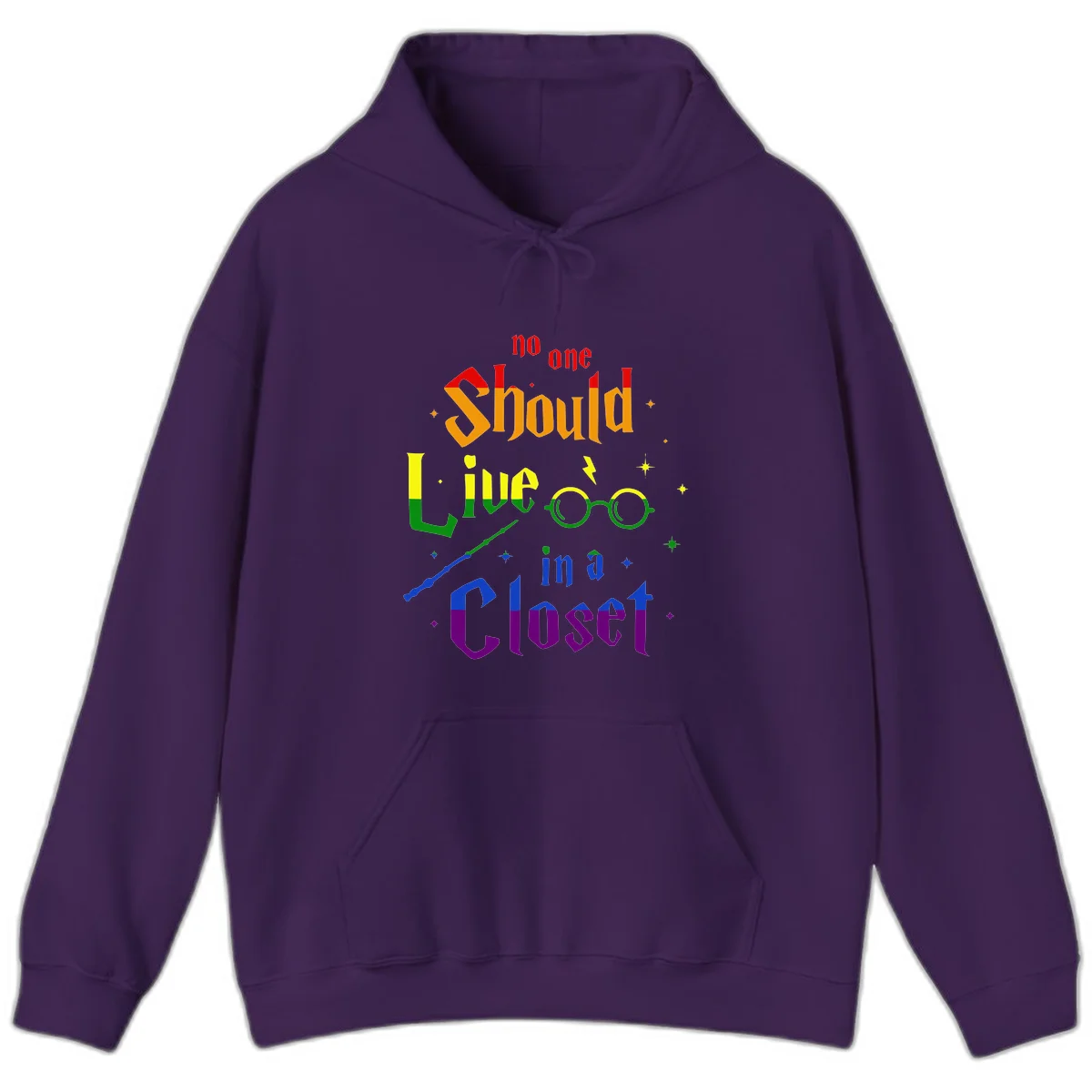 Rainbow gradient text reading 'no one Should live in a Closet' with magical elements including glasses, wand, and stars on gray background in Purple