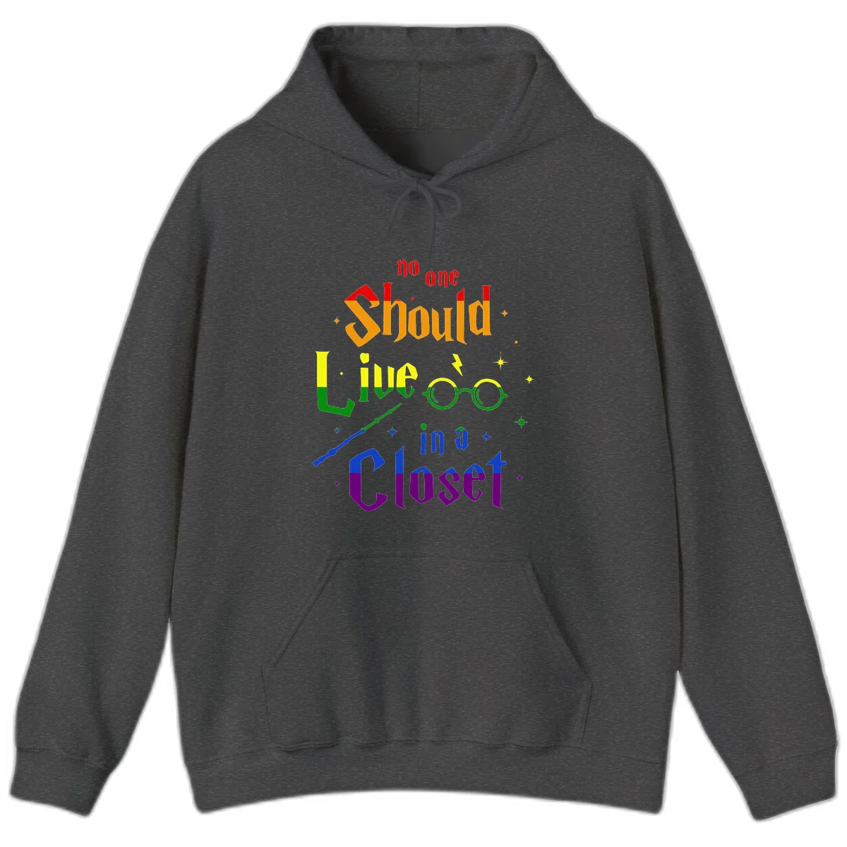Rainbow gradient text reading 'no one Should live in a Closet' with magical elements including glasses, wand, and stars on gray background in Dark Heather