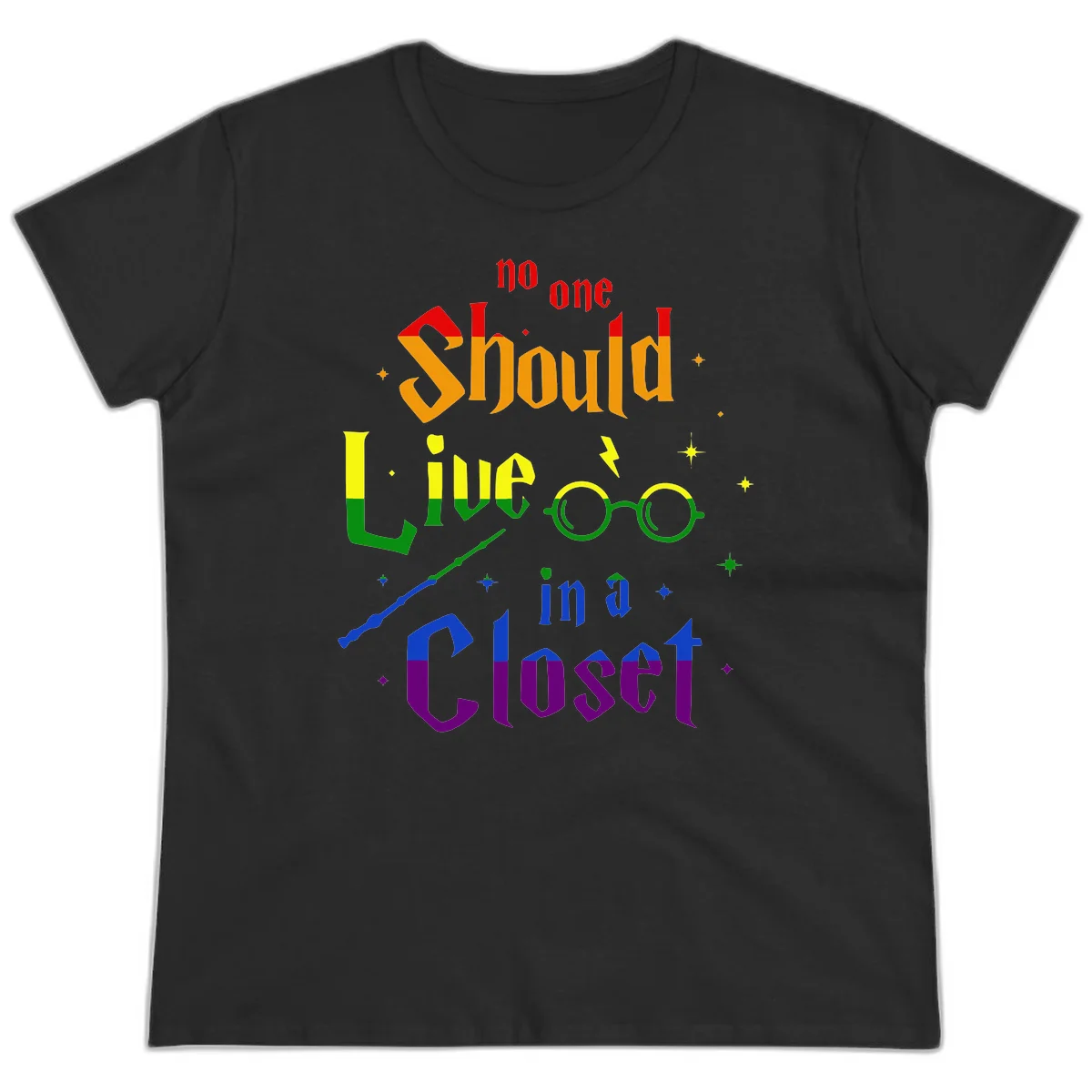 Rainbow gradient text reading 'no one Should live in a Closet' with magical elements including glasses, wand, and stars on gray background in Black